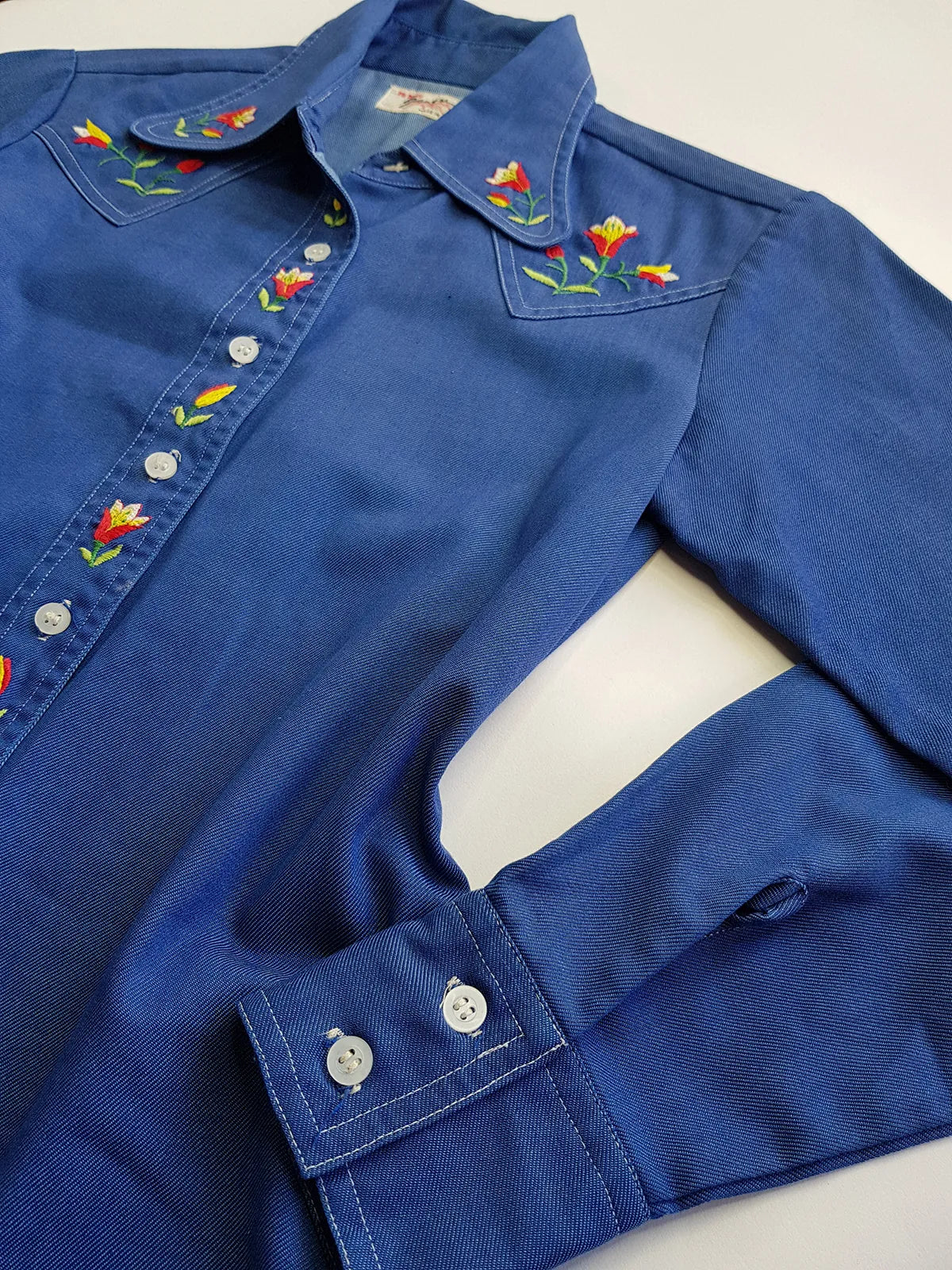 1970s Embroidered Cowgirl Denim Shirt in Inky Blue with Contrast Stitching - Vibrant Hand Embroidered Feature Panels - Perfect Tailoring