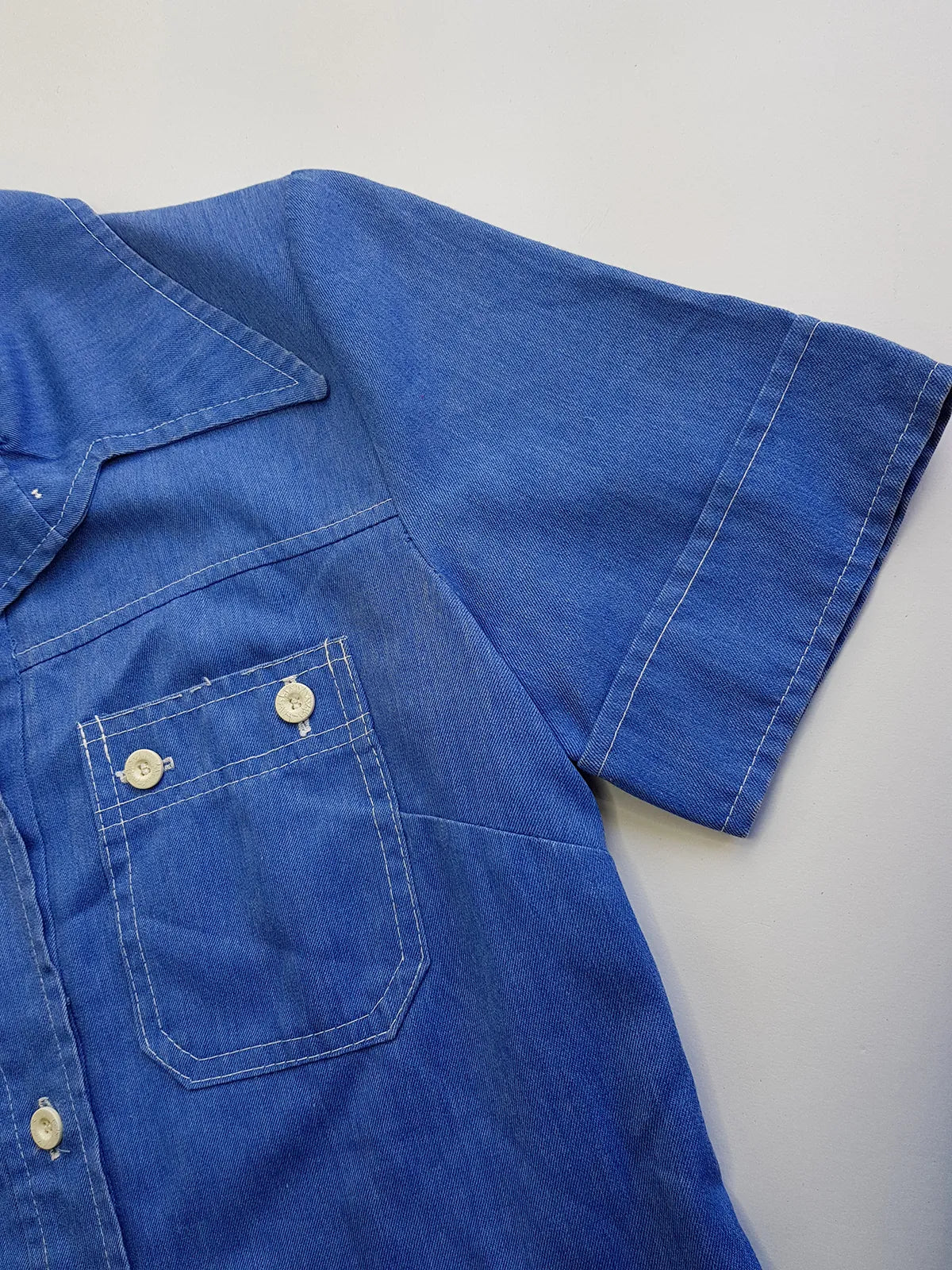 1970s Faded & Aged Vintage Uniform Style Denim Shirt - Perfectly Faded Light Blue - Tailored for a sleek fit