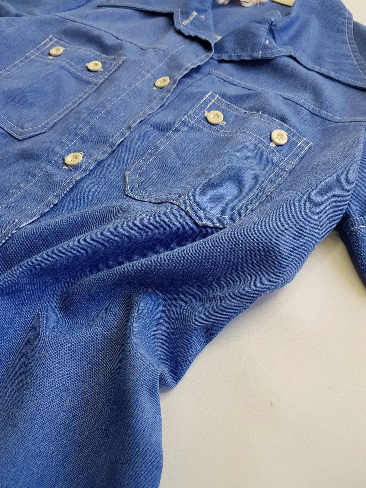 1970s Faded & Aged Vintage Uniform Style Denim Shirt - Perfectly Faded Light Blue - Tailored for a sleek fit