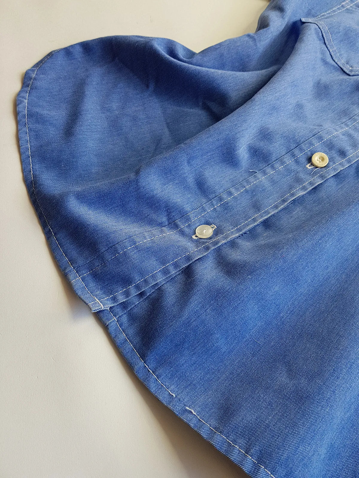 1970s Faded & Aged Vintage Uniform Style Denim Shirt - Perfectly Faded Light Blue - Tailored for a sleek fit