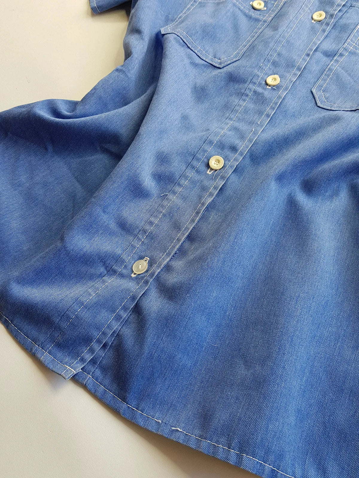 1970s Faded & Aged Vintage Uniform Style Denim Shirt - Perfectly Faded Light Blue - Tailored for a sleek fit