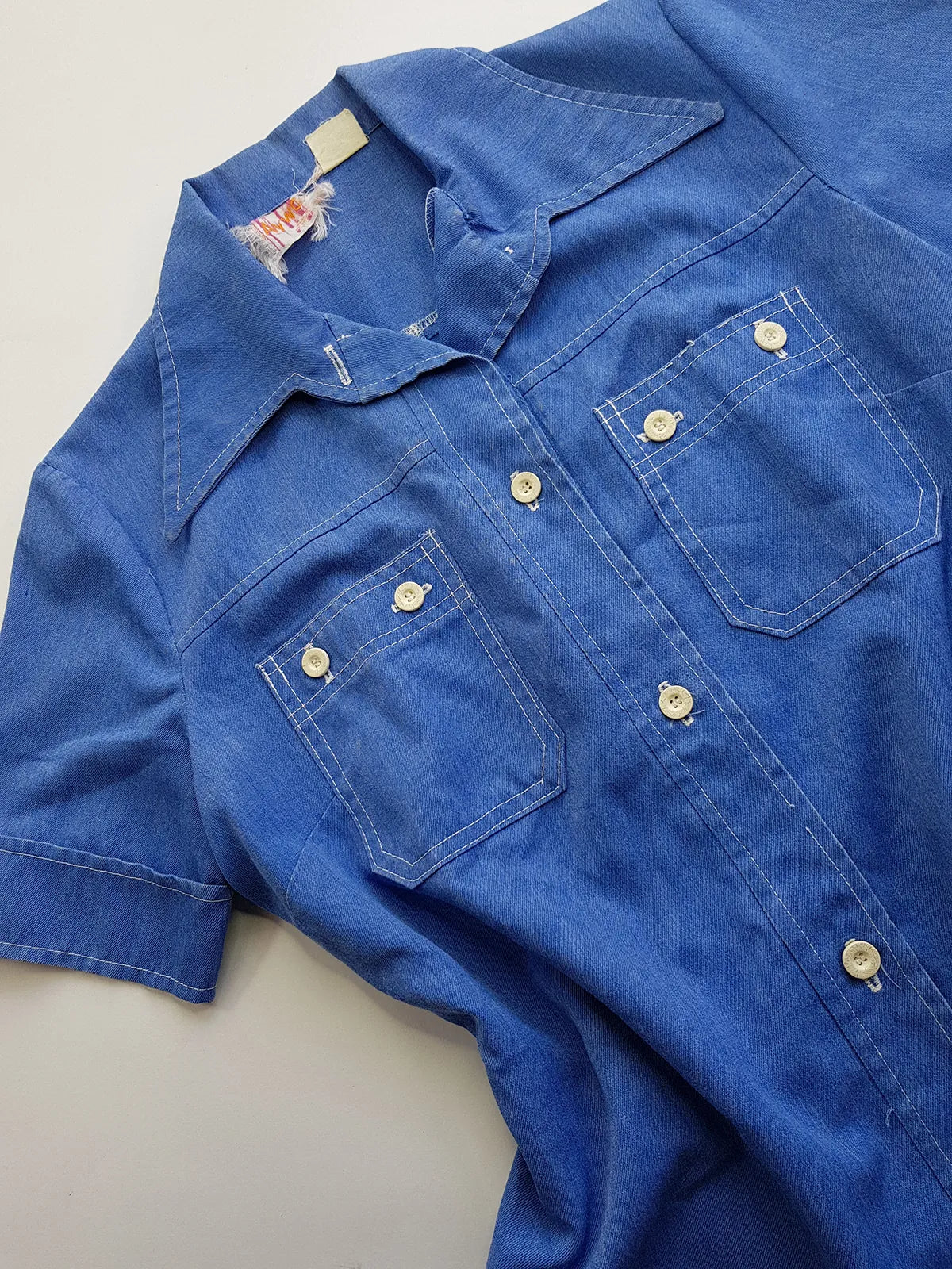 1970s Faded & Aged Vintage Uniform Style Denim Shirt - Perfectly Faded Light Blue - Tailored for a sleek fit