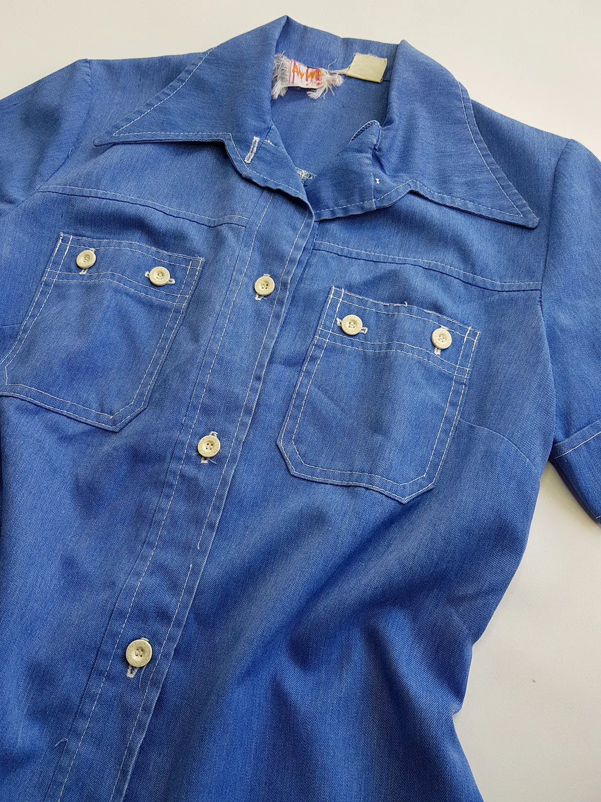 1970s Faded & Aged Vintage Uniform Style Denim Shirt - Perfectly Faded Light Blue - Tailored for a sleek fit