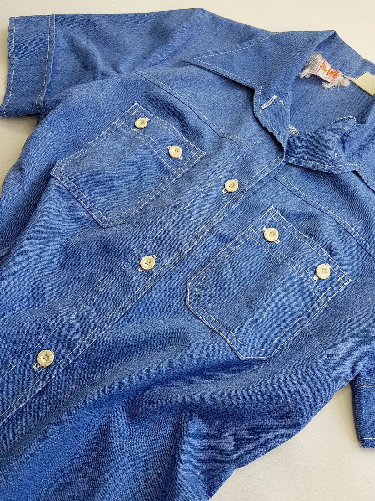 1970s Faded & Aged Vintage Uniform Style Denim Shirt - Perfectly Faded Light Blue - Tailored for a sleek fit