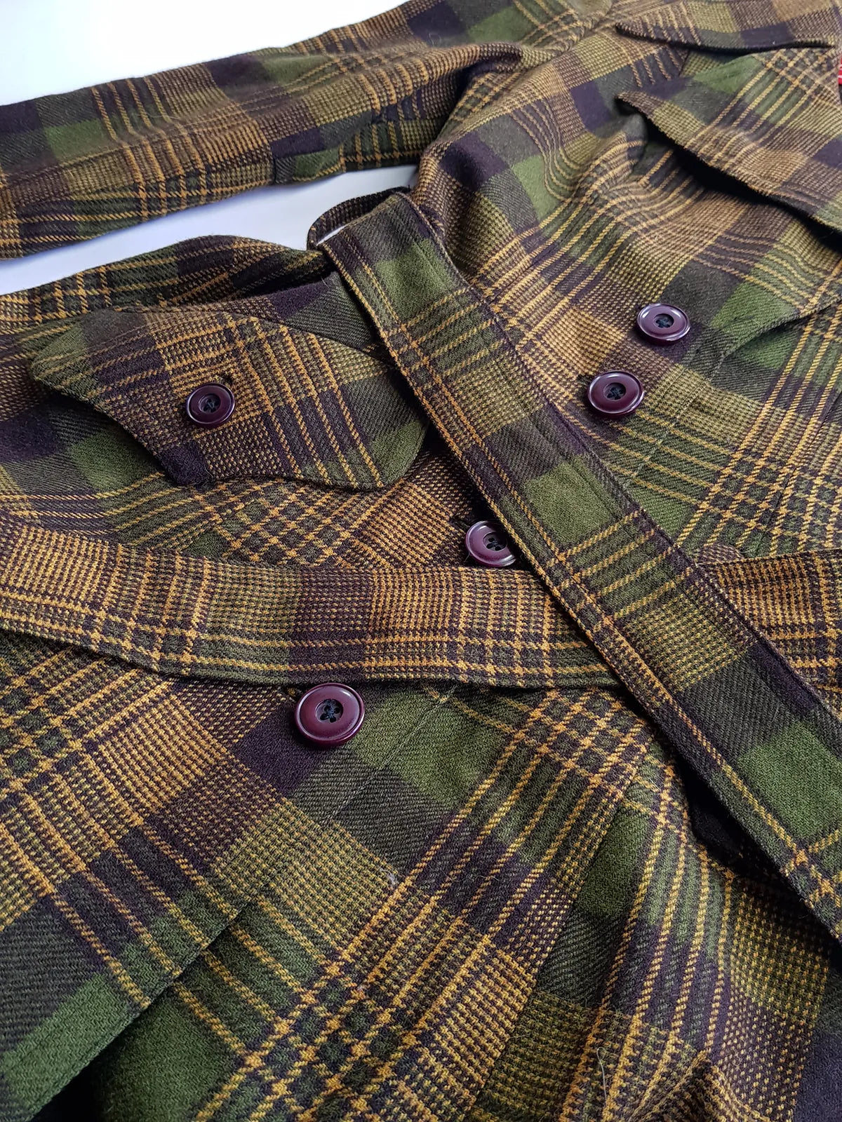 1970s Couture Tailoring Plaid Wool Coat - Absolute Perfection - Very Vivienne Westwood Style- Olive Green Mustard Tones - Stiff Collar & Beautifully Cut Pockets