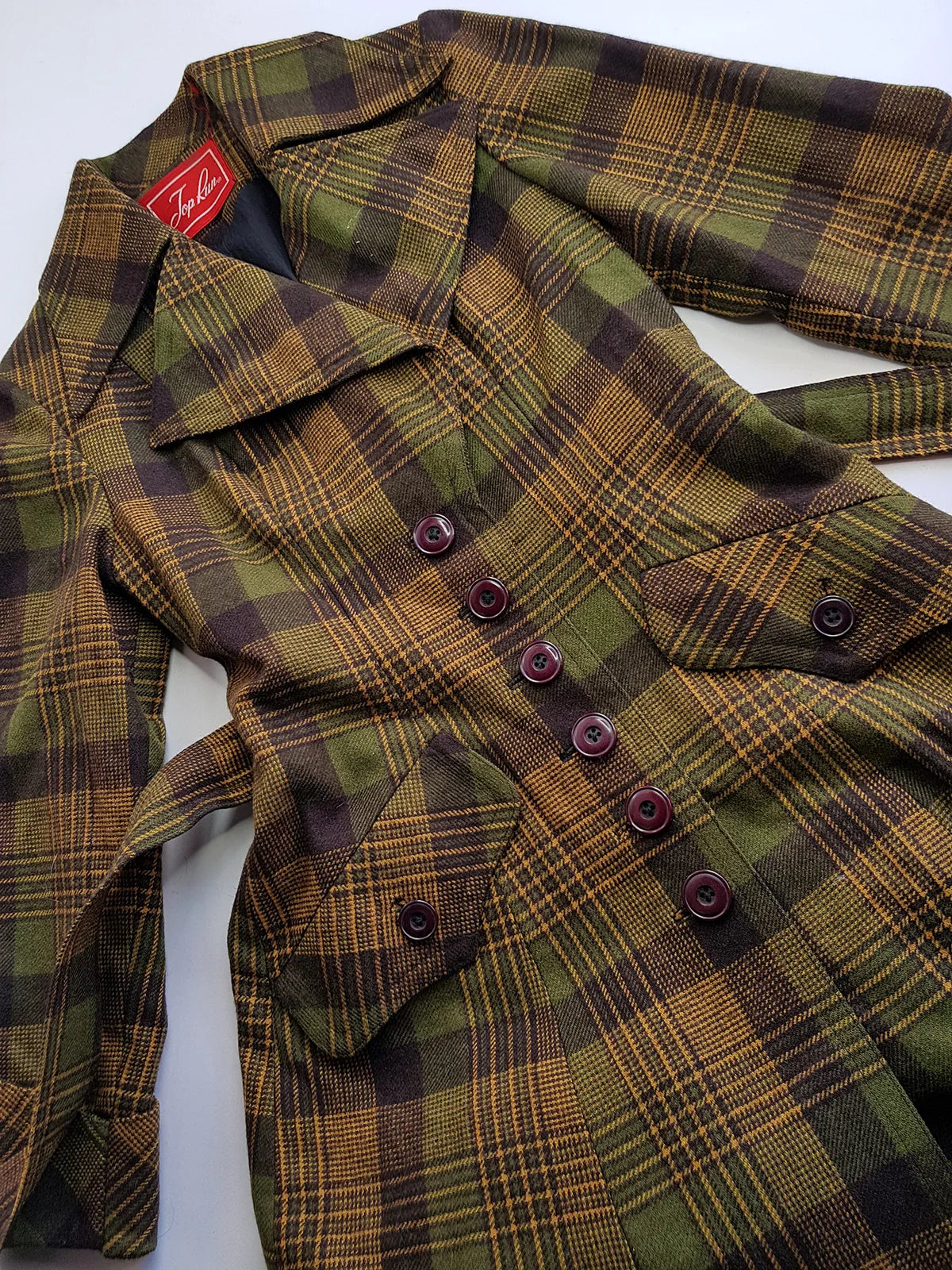 1970s Couture Tailoring Plaid Wool Coat - Absolute Perfection - Very Vivienne Westwood Style- Olive Green Mustard Tones - Stiff Collar & Beautifully Cut Pockets