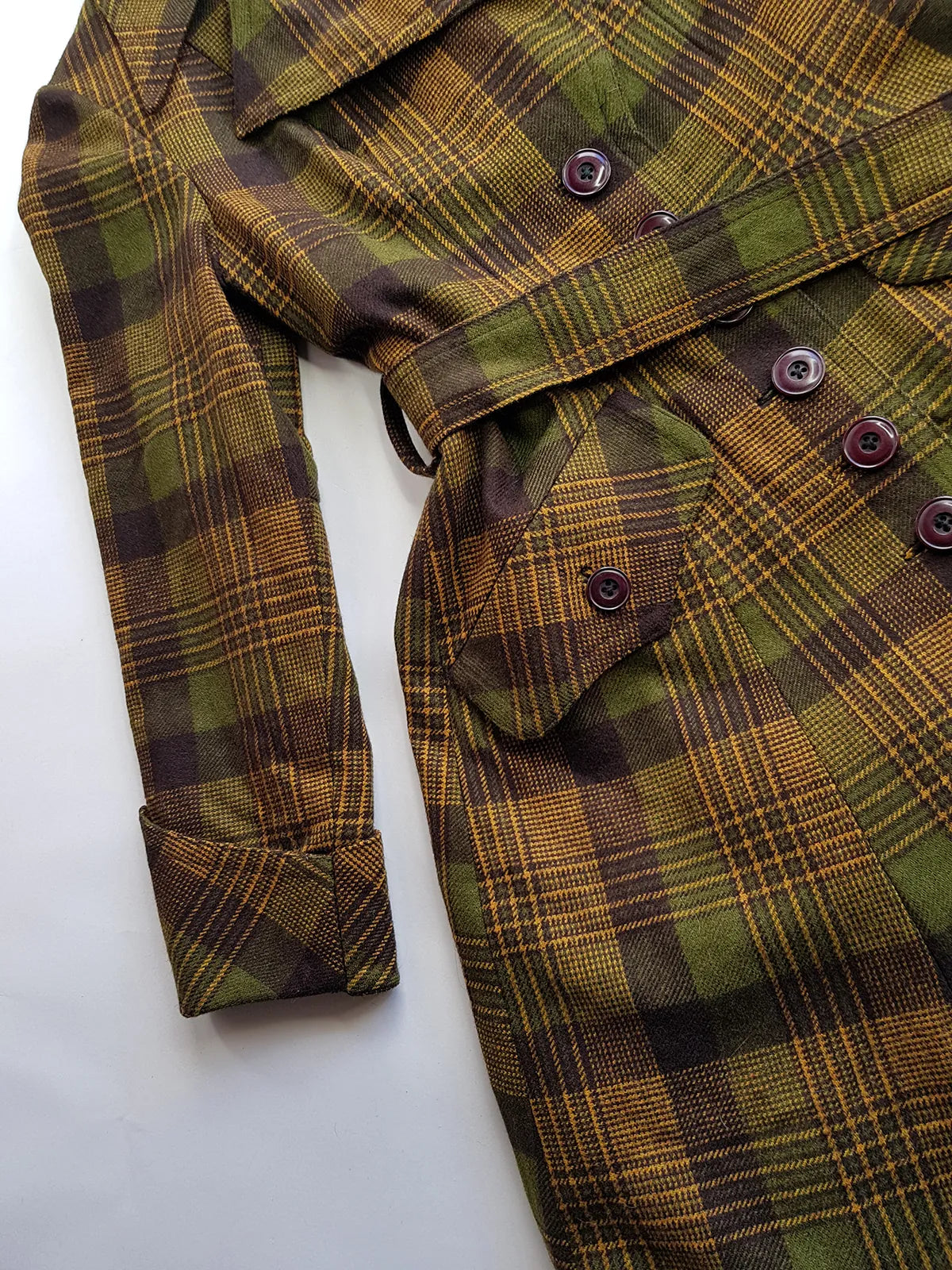1970s Couture Tailoring Plaid Wool Coat - Absolute Perfection - Very Vivienne Westwood Style- Olive Green Mustard Tones - Stiff Collar & Beautifully Cut Pockets