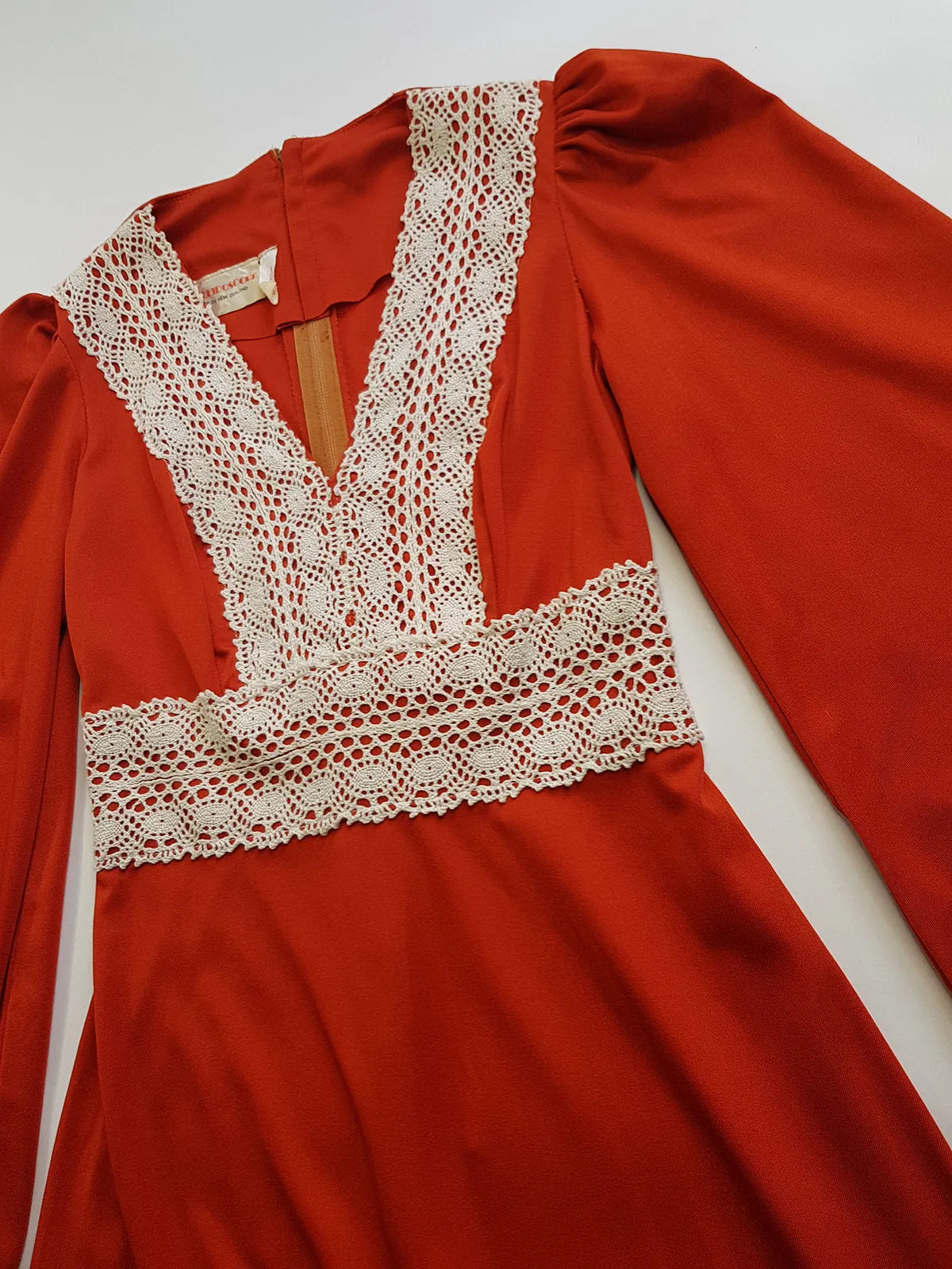 1970s Vintage Hand Crochet Trim Dress - Angel Sleeves - Hourglass Waist - Full Length - Absolutely Beautiful Sleeves