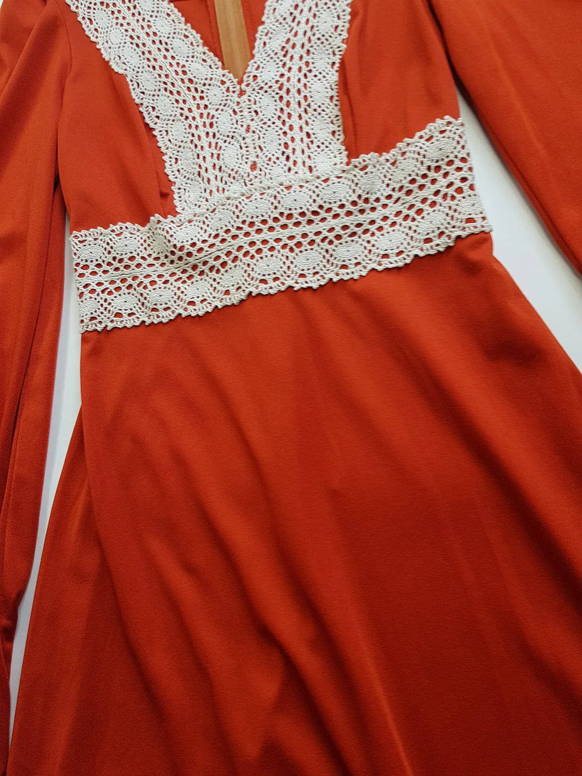 1970s Vintage Hand Crochet Trim Dress - Angel Sleeves - Hourglass Waist - Full Length - Absolutely Beautiful Sleeves