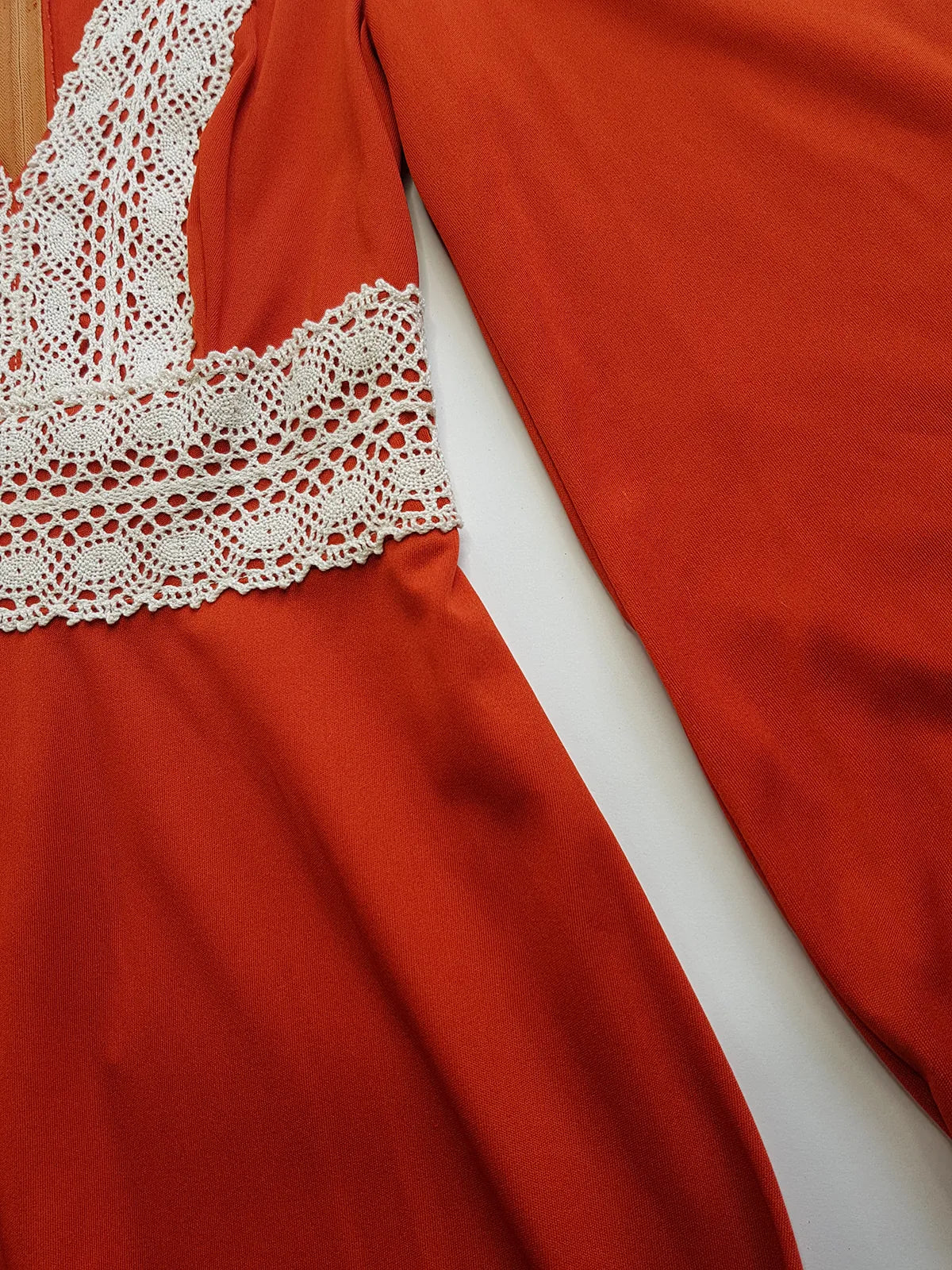 1970s Vintage Hand Crochet Trim Dress - Angel Sleeves - Hourglass Waist - Full Length - Absolutely Beautiful Sleeves