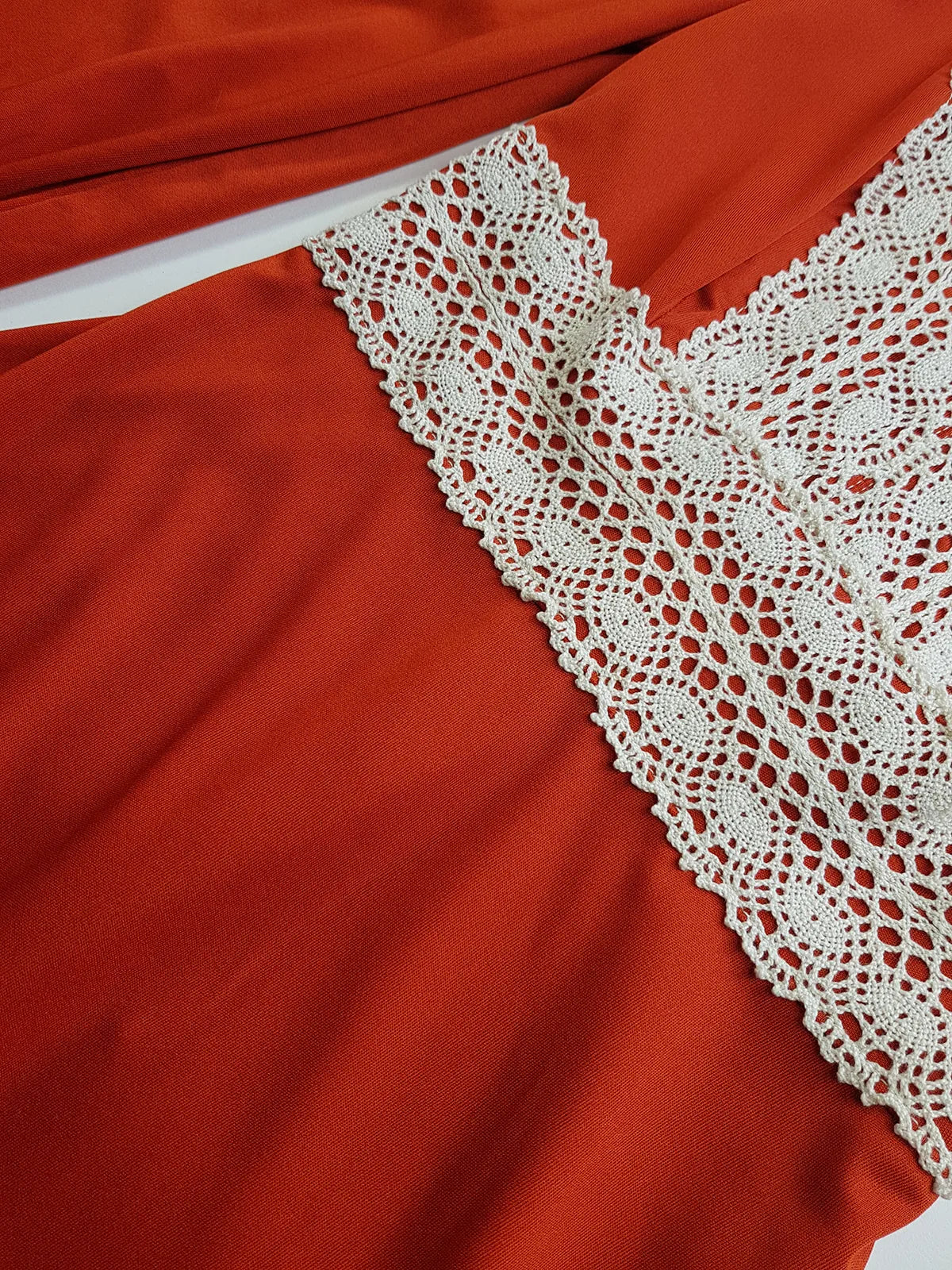 1970s Vintage Hand Crochet Trim Dress - Angel Sleeves - Hourglass Waist - Full Length - Absolutely Beautiful Sleeves