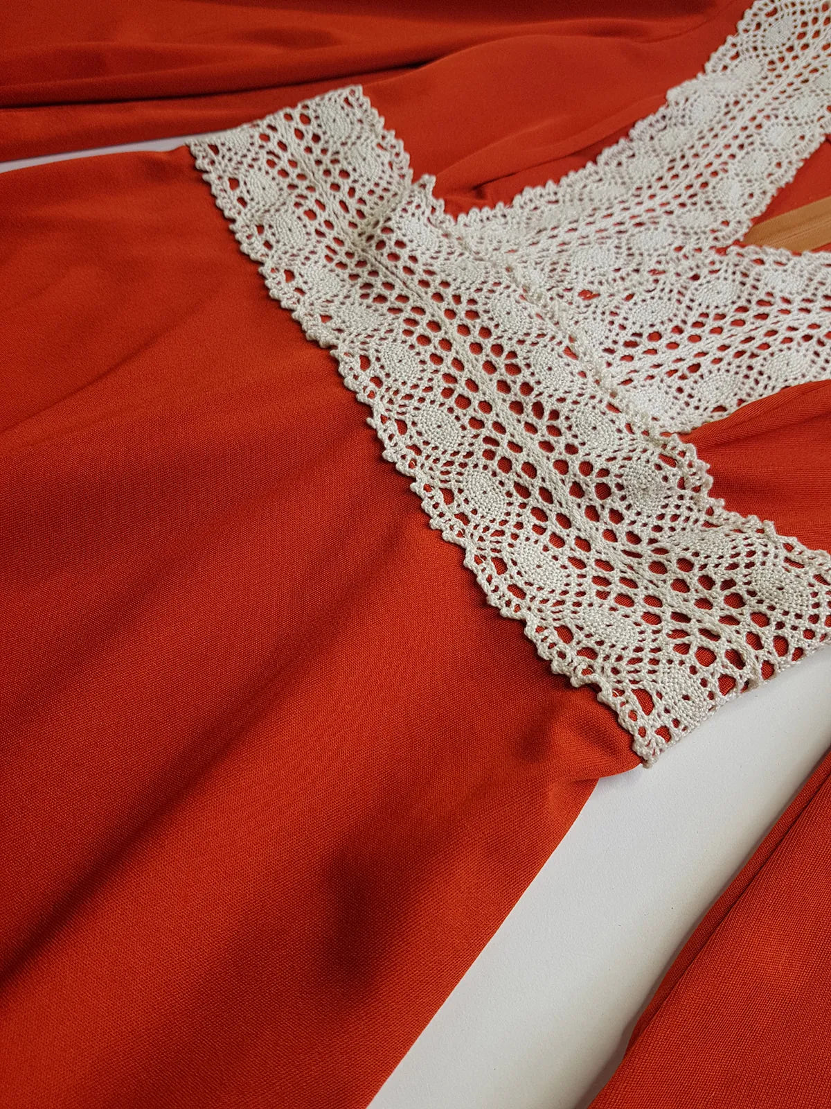 1970s Vintage Hand Crochet Trim Dress - Angel Sleeves - Hourglass Waist - Full Length - Absolutely Beautiful Sleeves