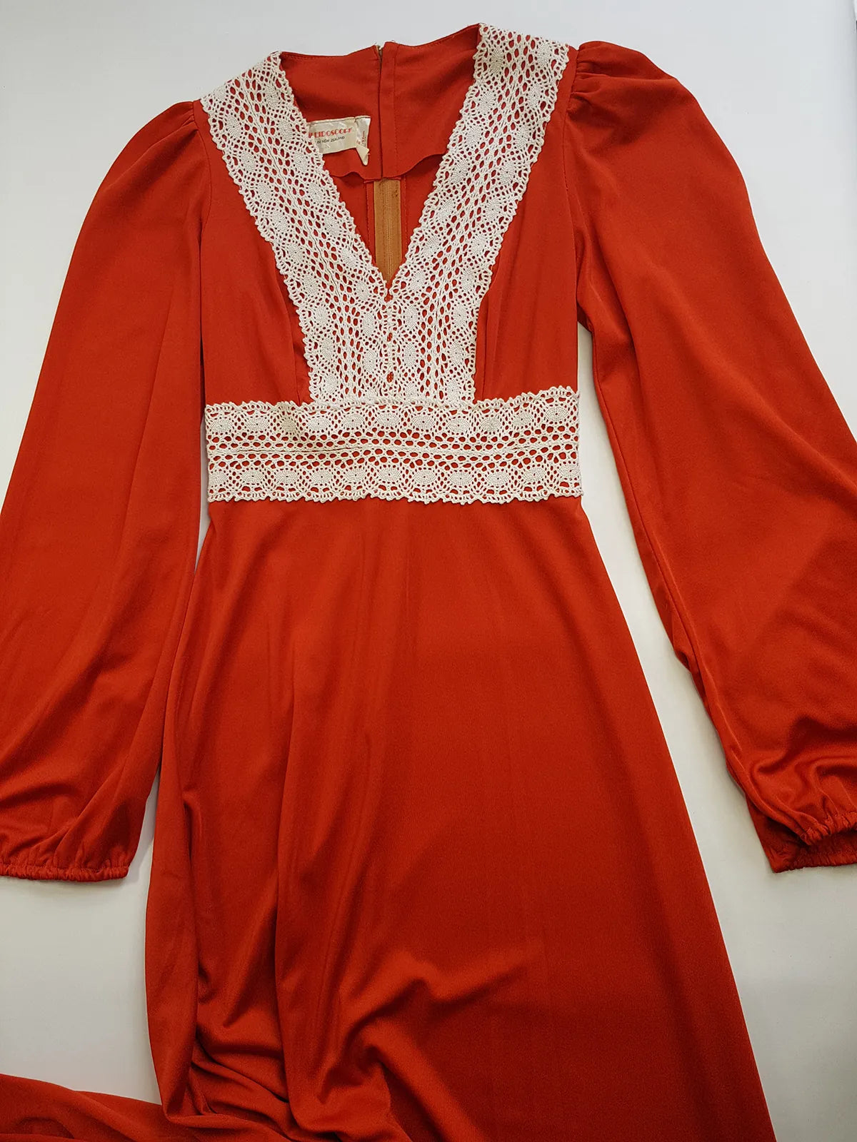 1970s Vintage Hand Crochet Trim Dress - Angel Sleeves - Hourglass Waist - Full Length - Absolutely Beautiful Sleeves