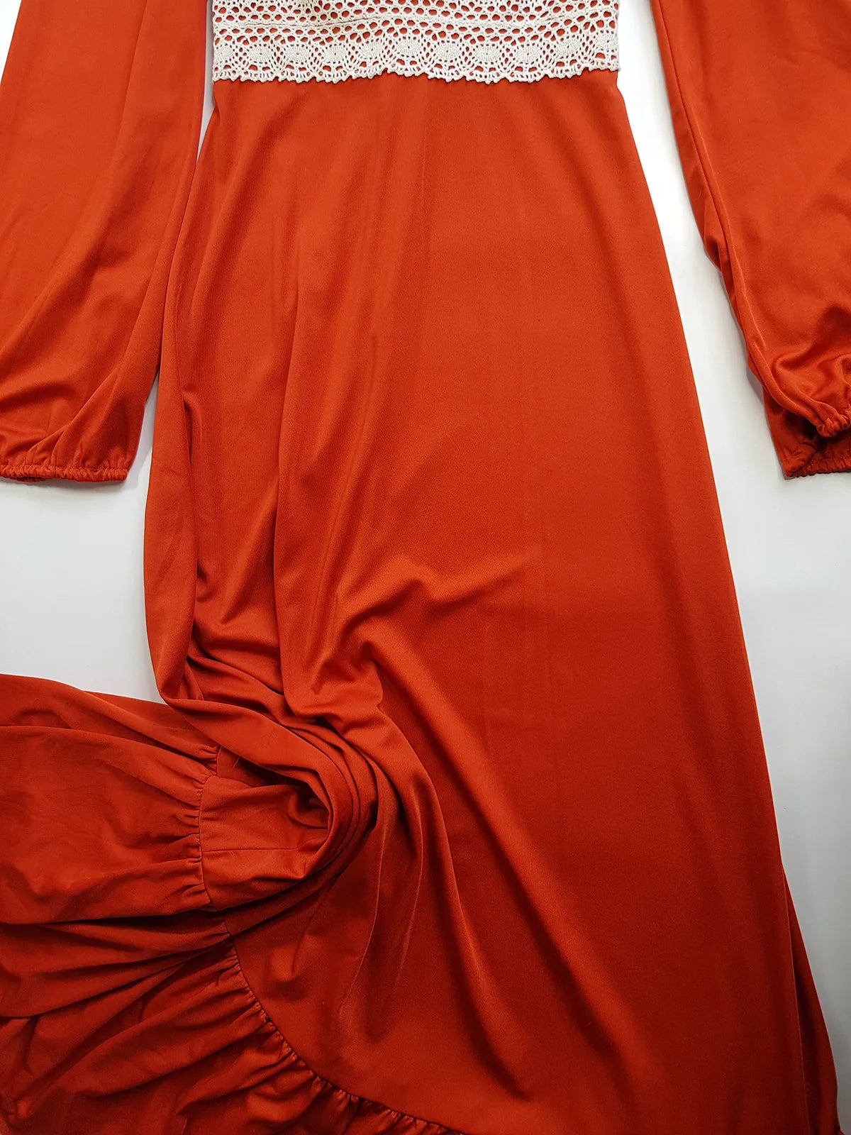 1970s Vintage Hand Crochet Trim Dress - Angel Sleeves - Hourglass Waist - Full Length - Absolutely Beautiful Sleeves