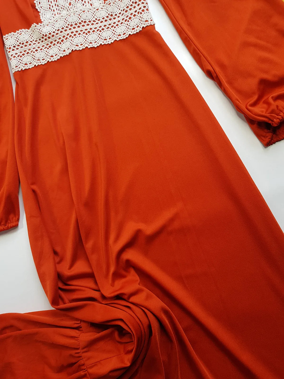 1970s Vintage Hand Crochet Trim Dress - Angel Sleeves - Hourglass Waist - Full Length - Absolutely Beautiful Sleeves