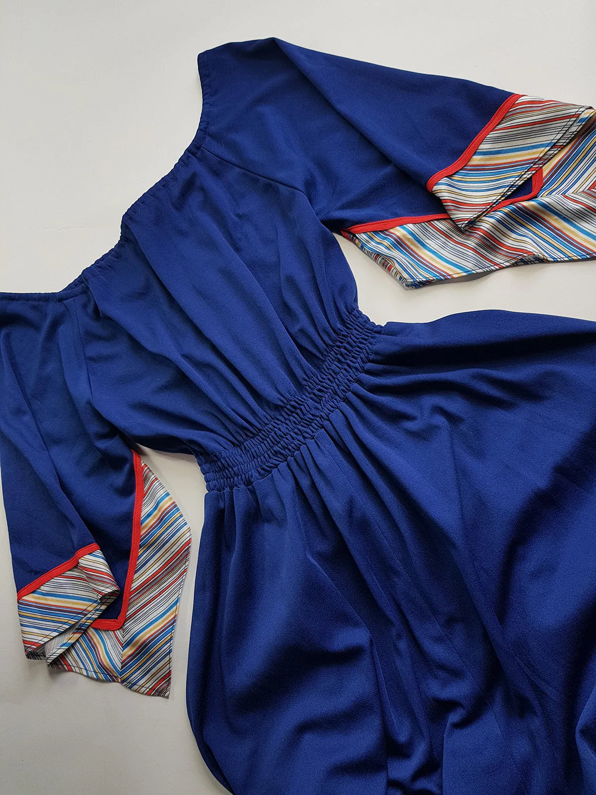 1970s Vintage Handkerchief Summertime Dress - Hourglass Waist - Off Shoulder & Knee Length - Absolutely Beautiful Asymmetrical Sleeves - Elastic Waist