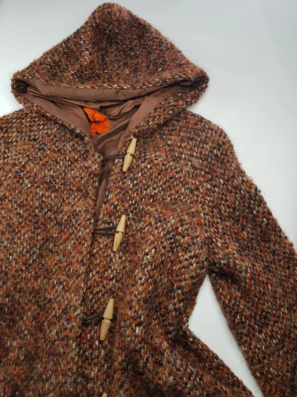 1950s Incredible Hooded Coat in Burnt Tobacco with Toggle Clasps - Fully Lined - Handmade Mohair Wool Knit