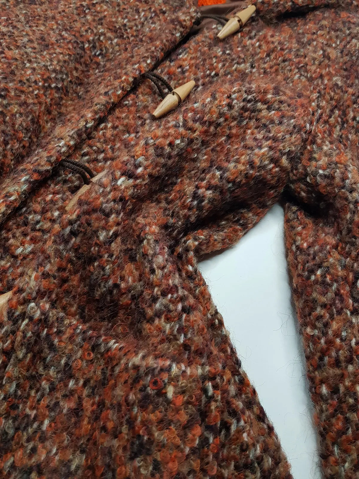 1950s Incredible Hooded Coat in Burnt Tobacco with Toggle Clasps - Fully Lined - Handmade Mohair Wool Knit