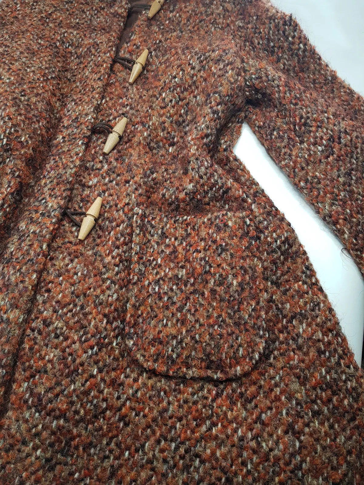 1950s Incredible Hooded Coat in Burnt Tobacco with Toggle Clasps - Fully Lined - Handmade Mohair Wool Knit