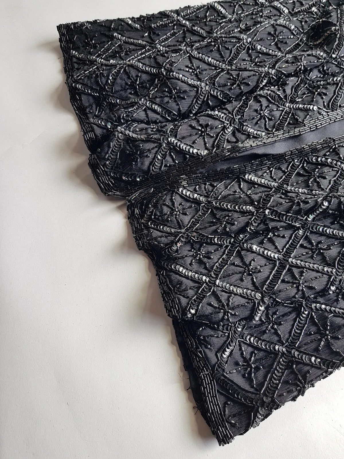 Vintage Silk Spectacular Sparkling Diamond Pattern Heavily Beaded Jacket in Black - Immaculate - Hand Beaded - Bridal Quality