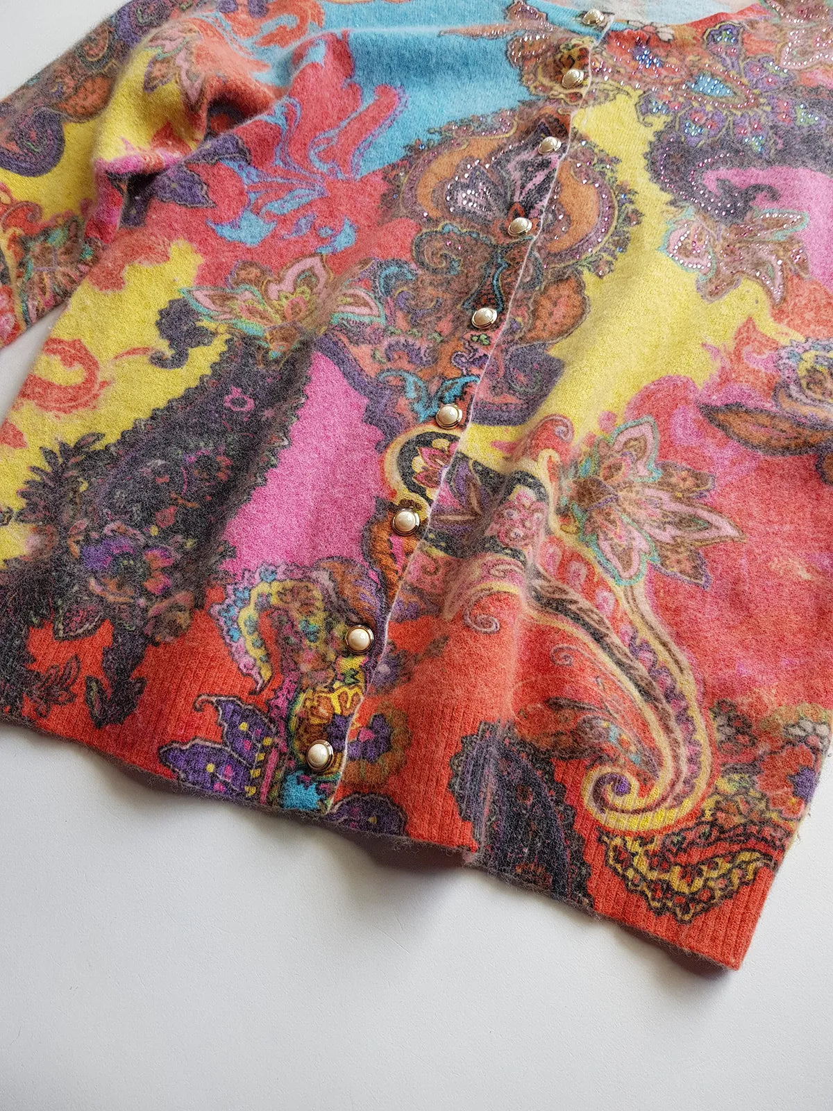 Vintage Italian 2000s Fluffy Top with Absolutely Wild Print and Hand Rhinestoning over one shoulder