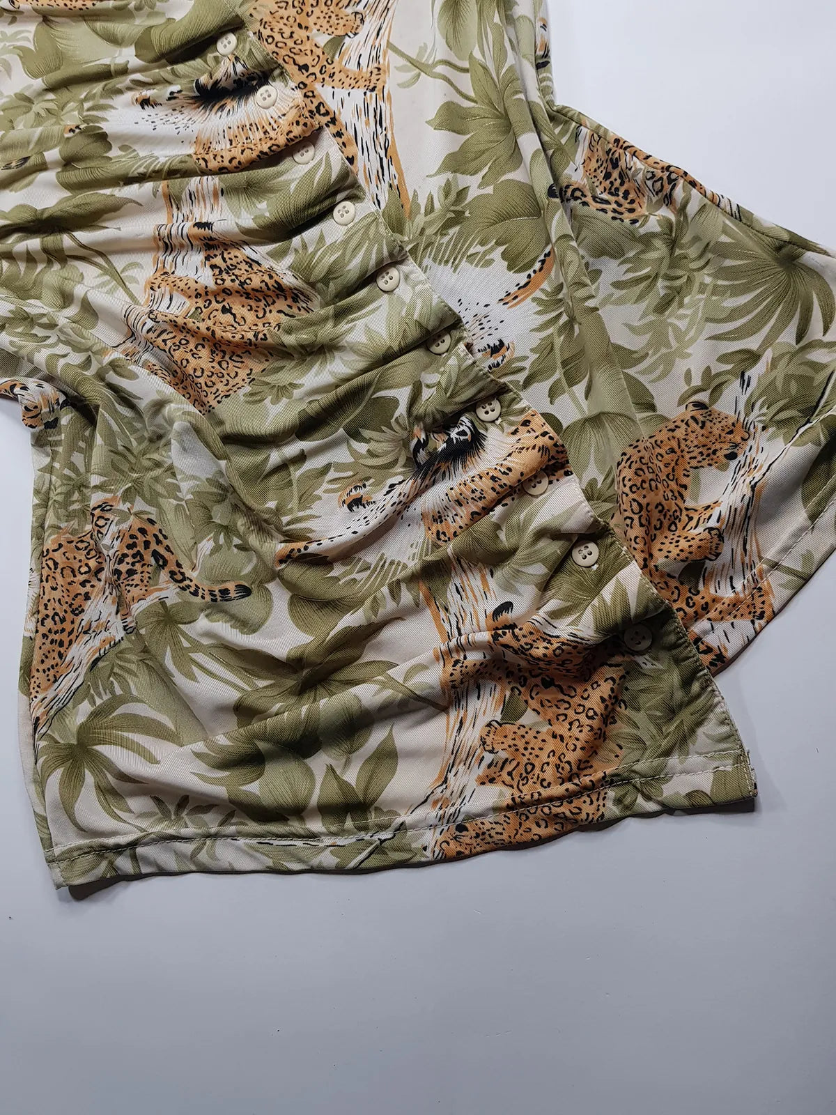 1990s Sexy Vintage Italian Asymmetrical Print Top - Leopard in the Jungle Print - Button Feature Front - Tight & Form Fitting Stretch Fabric - Muted Greens & Neutrals