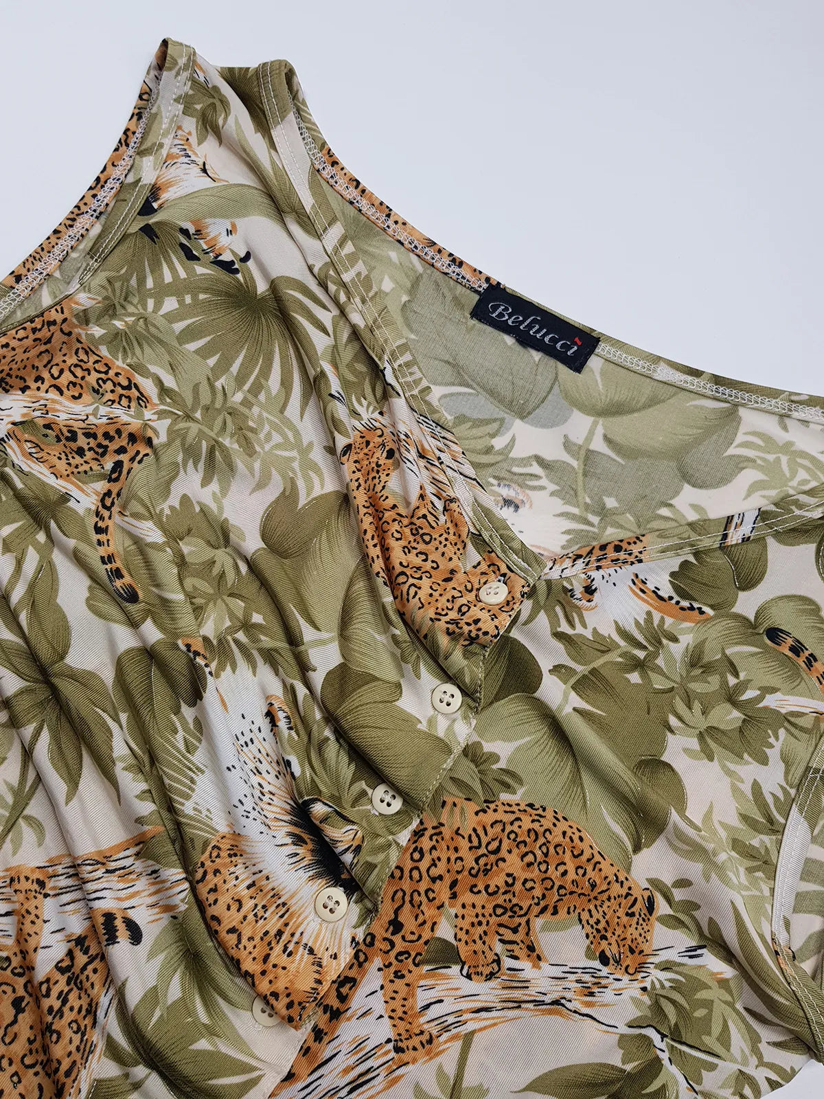 1990s Sexy Vintage Italian Asymmetrical Print Top - Leopard in the Jungle Print - Button Feature Front - Tight & Form Fitting Stretch Fabric - Muted Greens & Neutrals