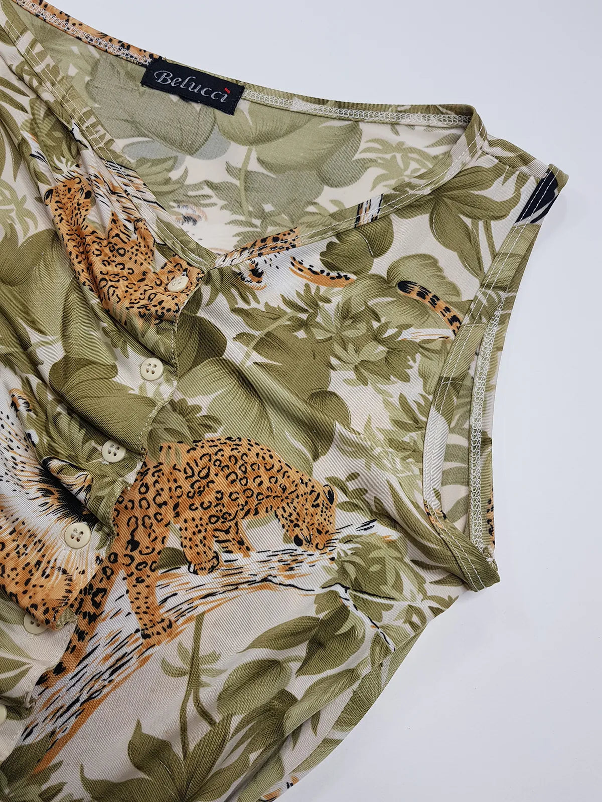 1990s Sexy Vintage Italian Asymmetrical Print Top - Leopard in the Jungle Print - Button Feature Front - Tight & Form Fitting Stretch Fabric - Muted Greens & Neutrals