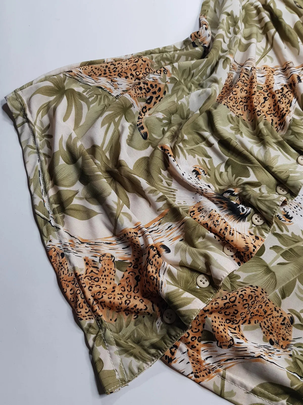 1990s Sexy Vintage Italian Asymmetrical Print Top - Leopard in the Jungle Print - Button Feature Front - Tight & Form Fitting Stretch Fabric - Muted Greens & Neutrals