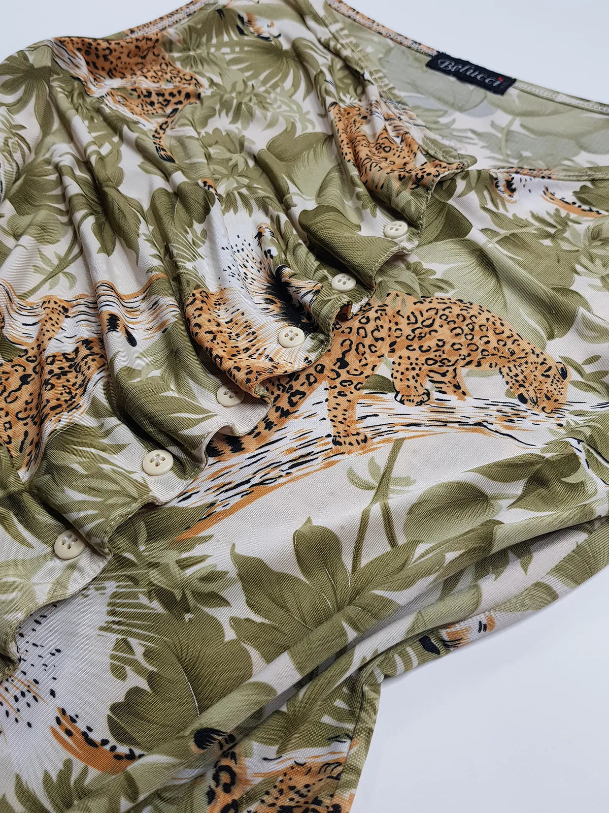 1990s Sexy Vintage Italian Asymmetrical Print Top - Leopard in the Jungle Print - Button Feature Front - Tight & Form Fitting Stretch Fabric - Muted Greens & Neutrals