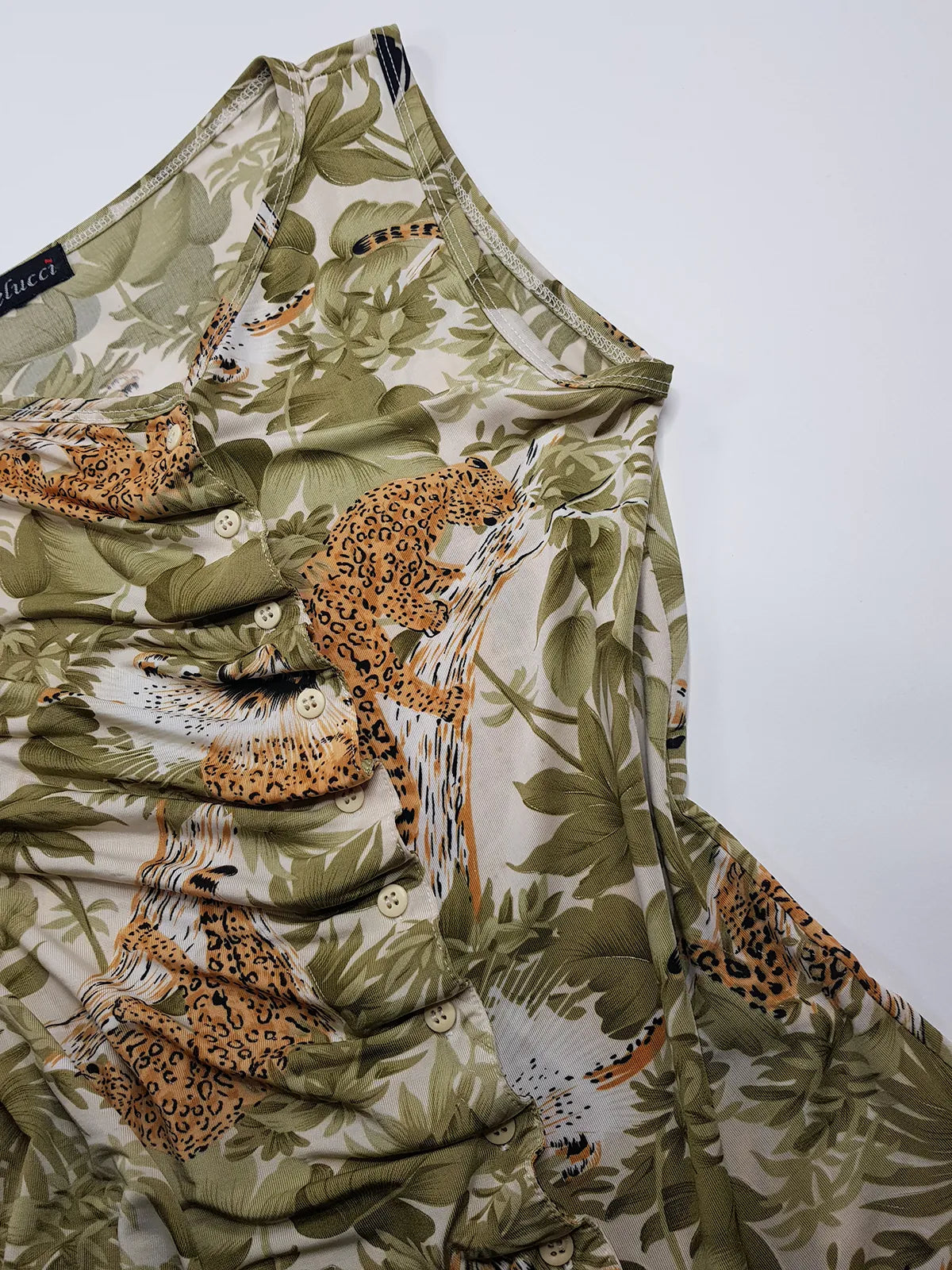 1990s Sexy Vintage Italian Asymmetrical Print Top - Leopard in the Jungle Print - Button Feature Front - Tight & Form Fitting Stretch Fabric - Muted Greens & Neutrals