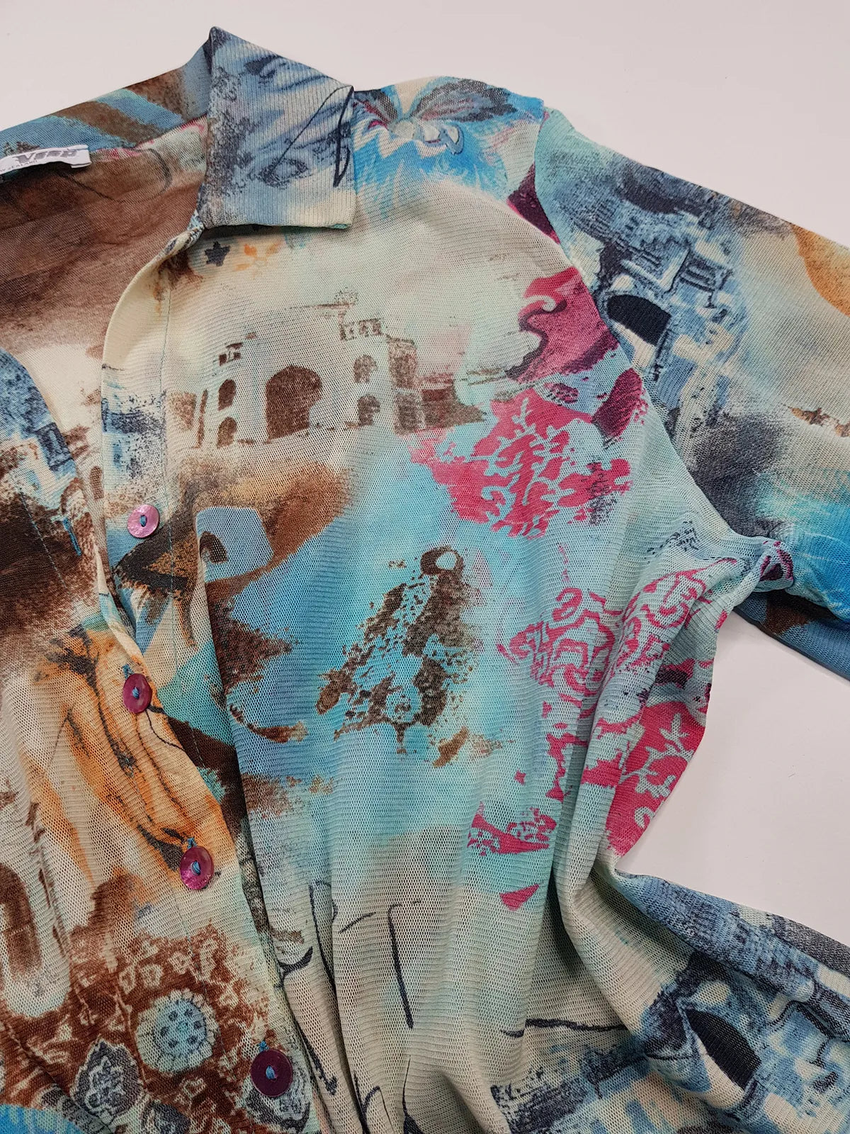 1990s Sexy Vintage Designer Bohemian Rockstar Style - Button up Collared Top - Insane Ancient Religion Print