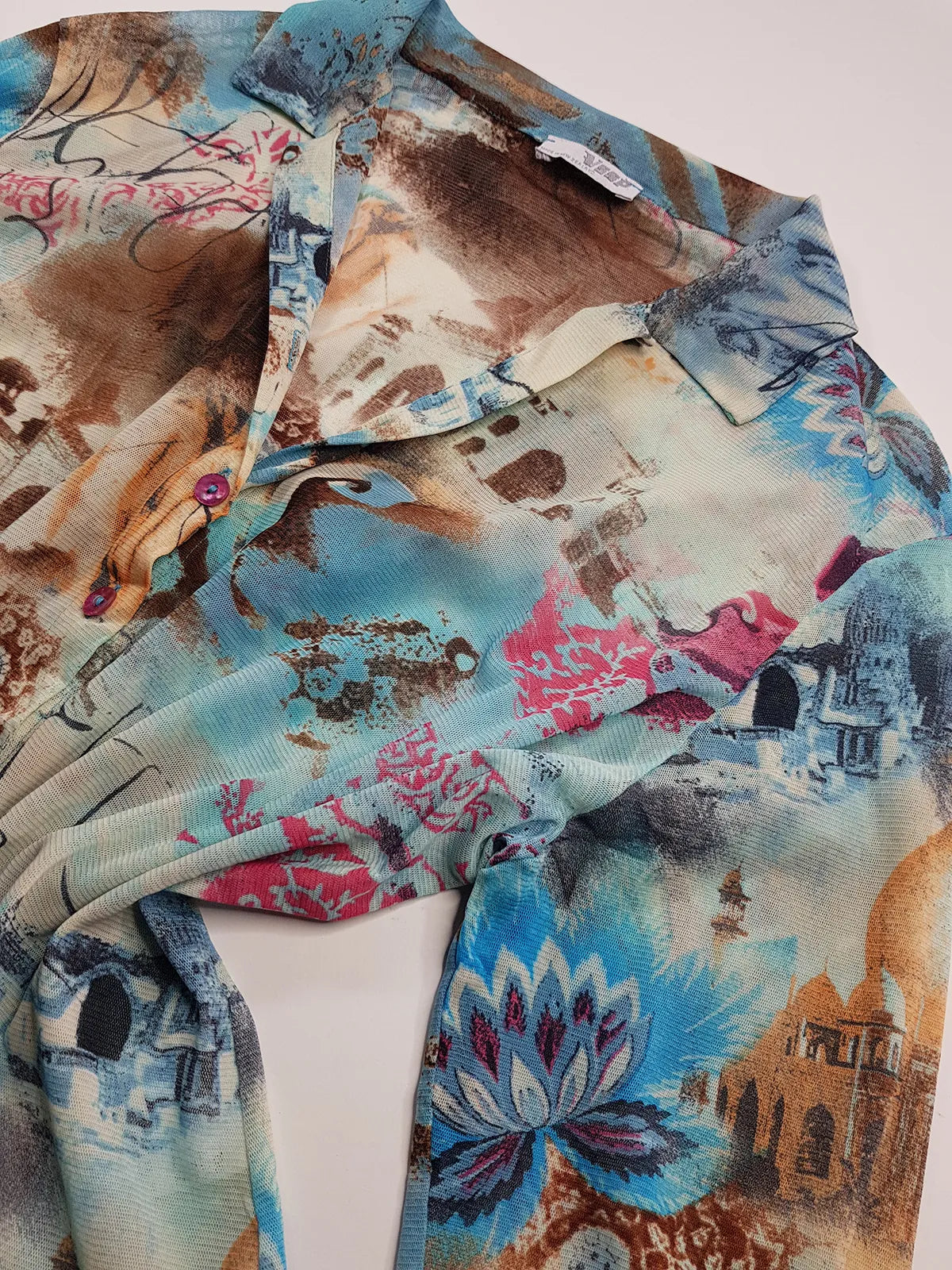 1990s Sexy Vintage Designer Bohemian Rockstar Style - Button up Collared Top - Insane Ancient Religion Print