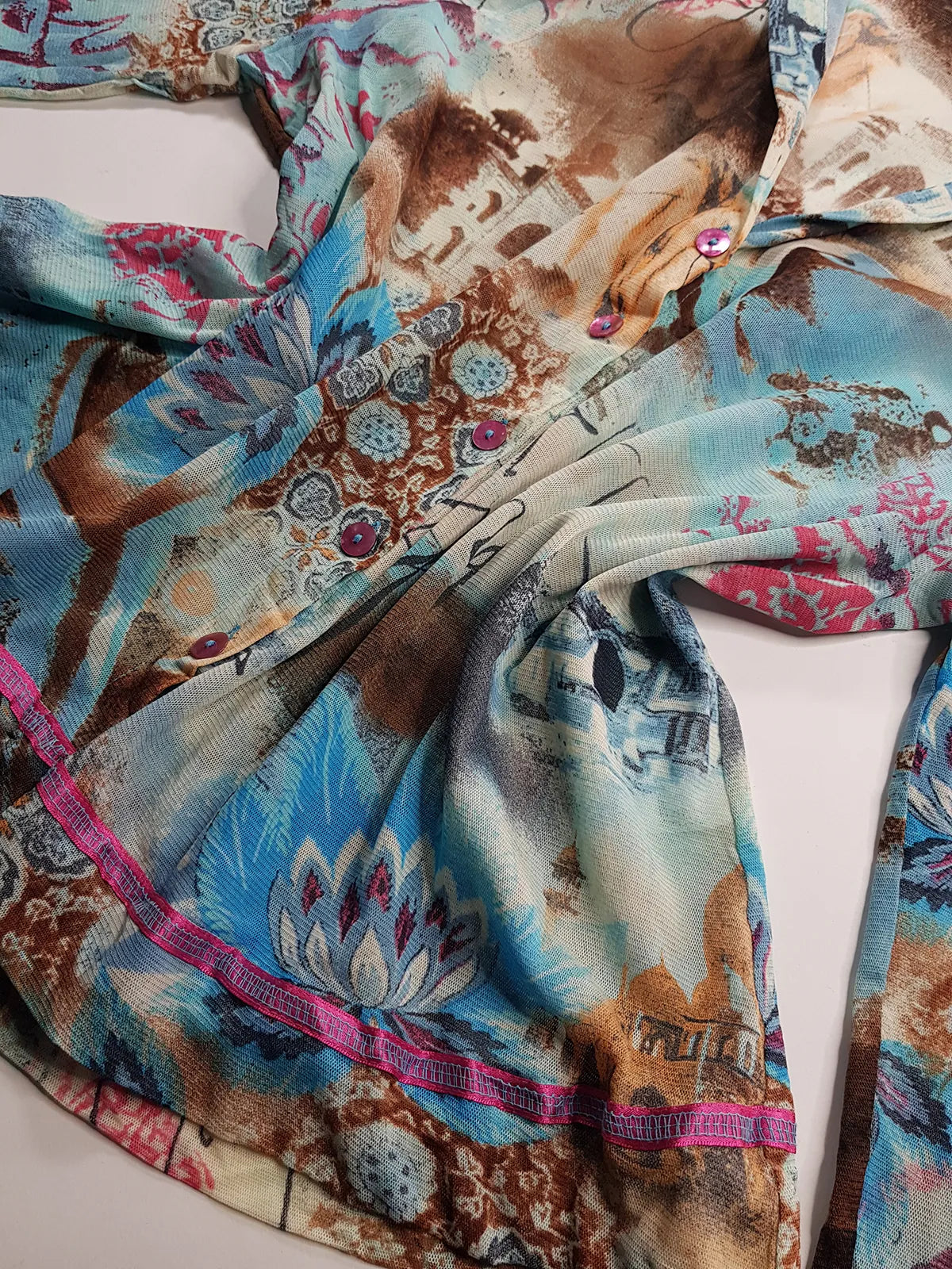 1990s Sexy Vintage Designer Bohemian Rockstar Style - Button up Collared Top - Insane Ancient Religion Print