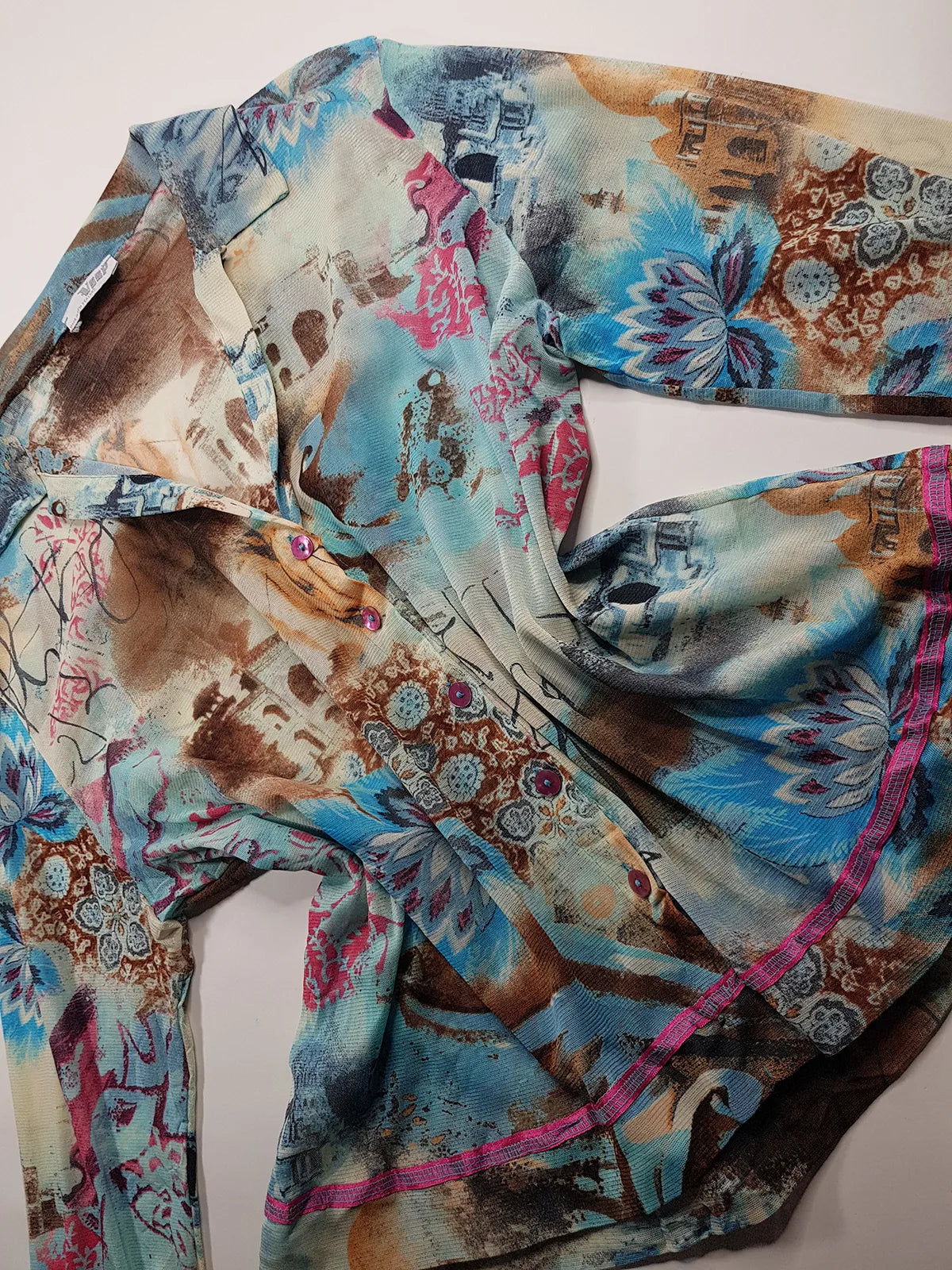 1990s Sexy Vintage Designer Bohemian Rockstar Style - Button up Collared Top - Insane Ancient Religion Print