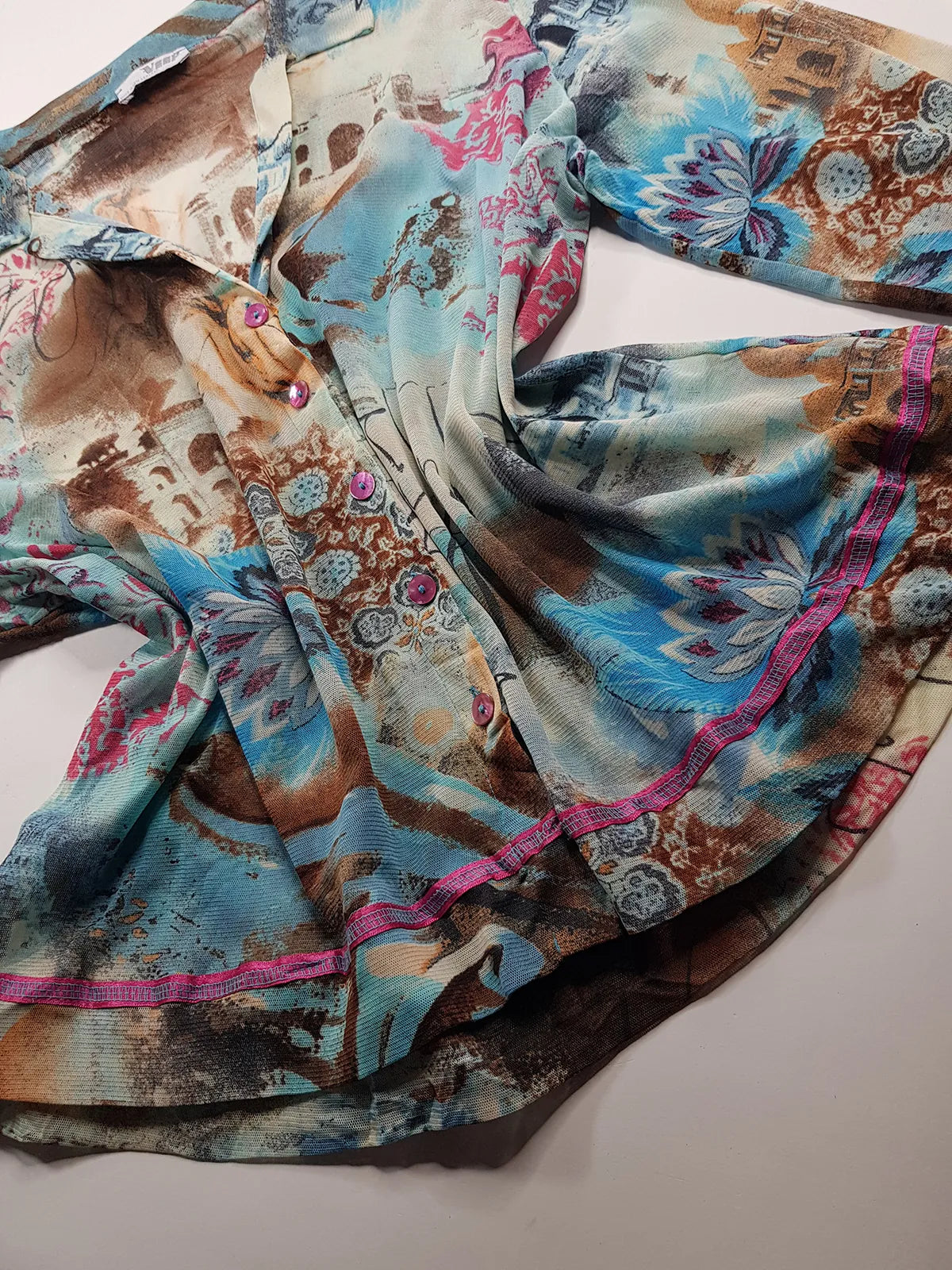 1990s Sexy Vintage Designer Bohemian Rockstar Style - Button up Collared Top - Insane Ancient Religion Print