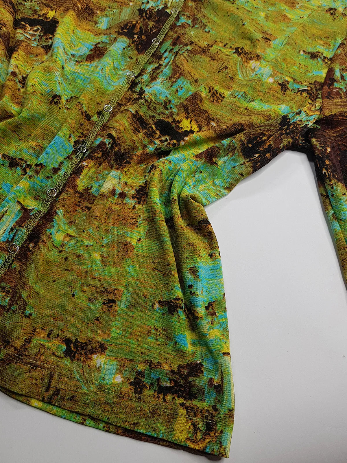 1990s Sexy Vintage Designer Collared Top - Button Feature Front - Tight & Form Fitting Stretch Fabric - Chartreuse & Blue