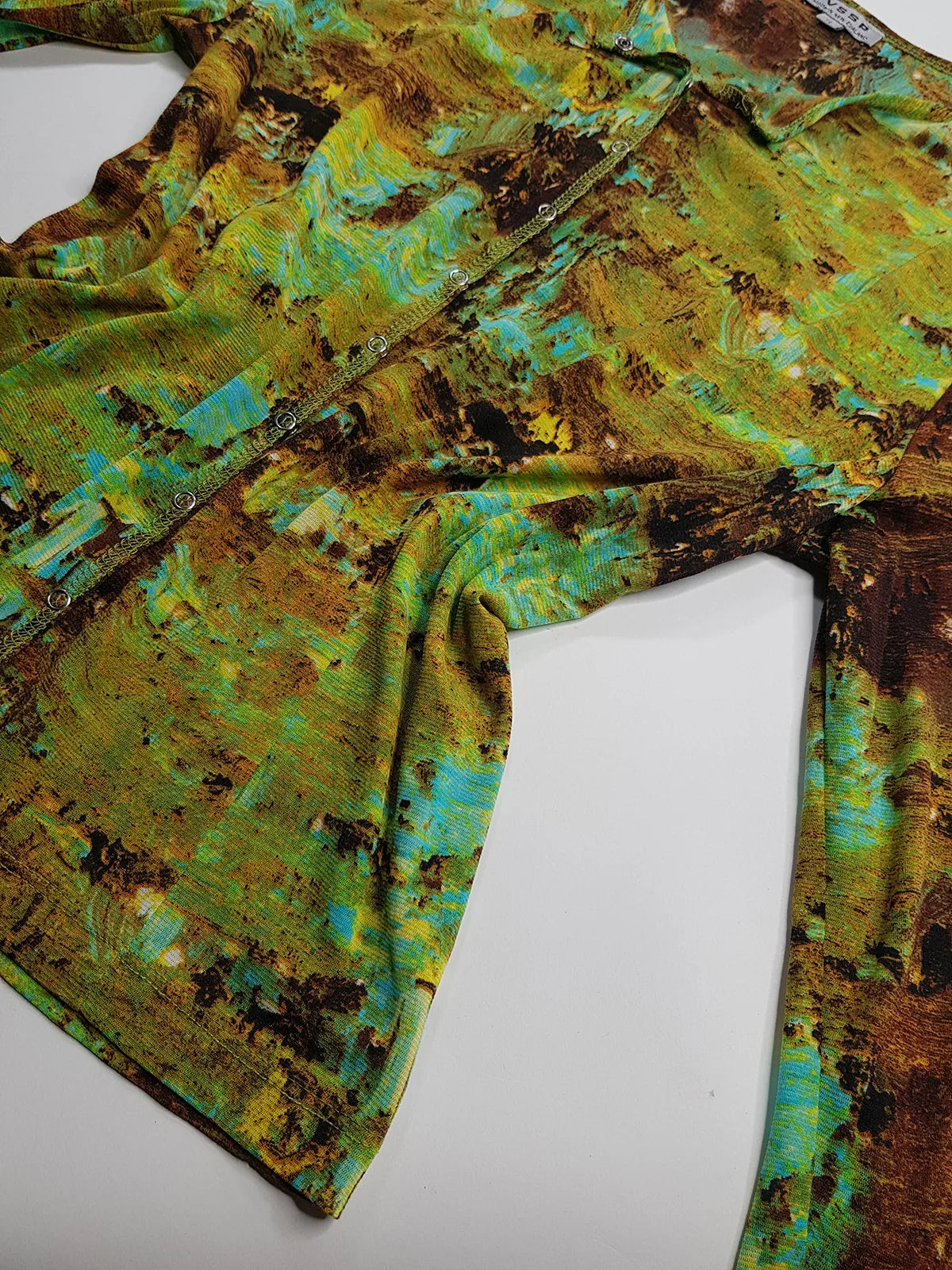 1990s Sexy Vintage Designer Collared Top - Button Feature Front - Tight & Form Fitting Stretch Fabric - Chartreuse & Blue