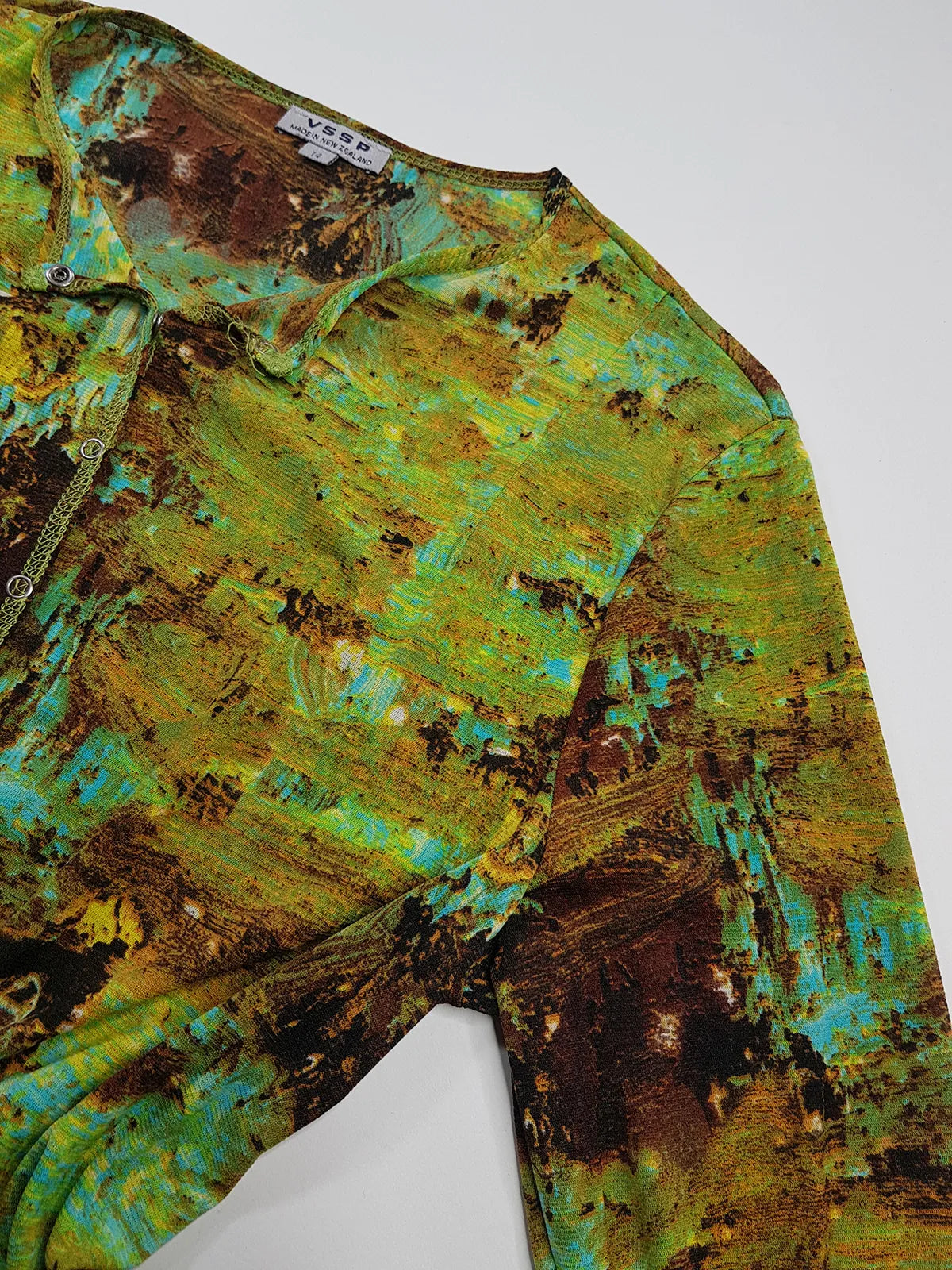 1990s Sexy Vintage Designer Collared Top - Button Feature Front - Tight & Form Fitting Stretch Fabric - Chartreuse & Blue