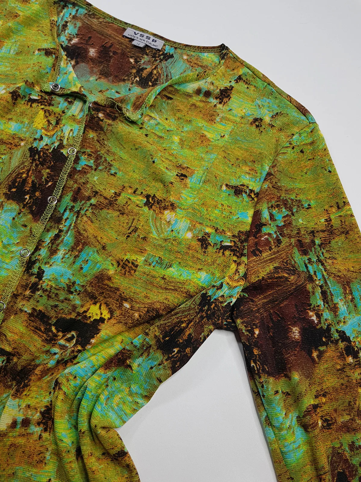 1990s Sexy Vintage Designer Collared Top - Button Feature Front - Tight & Form Fitting Stretch Fabric - Chartreuse & Blue