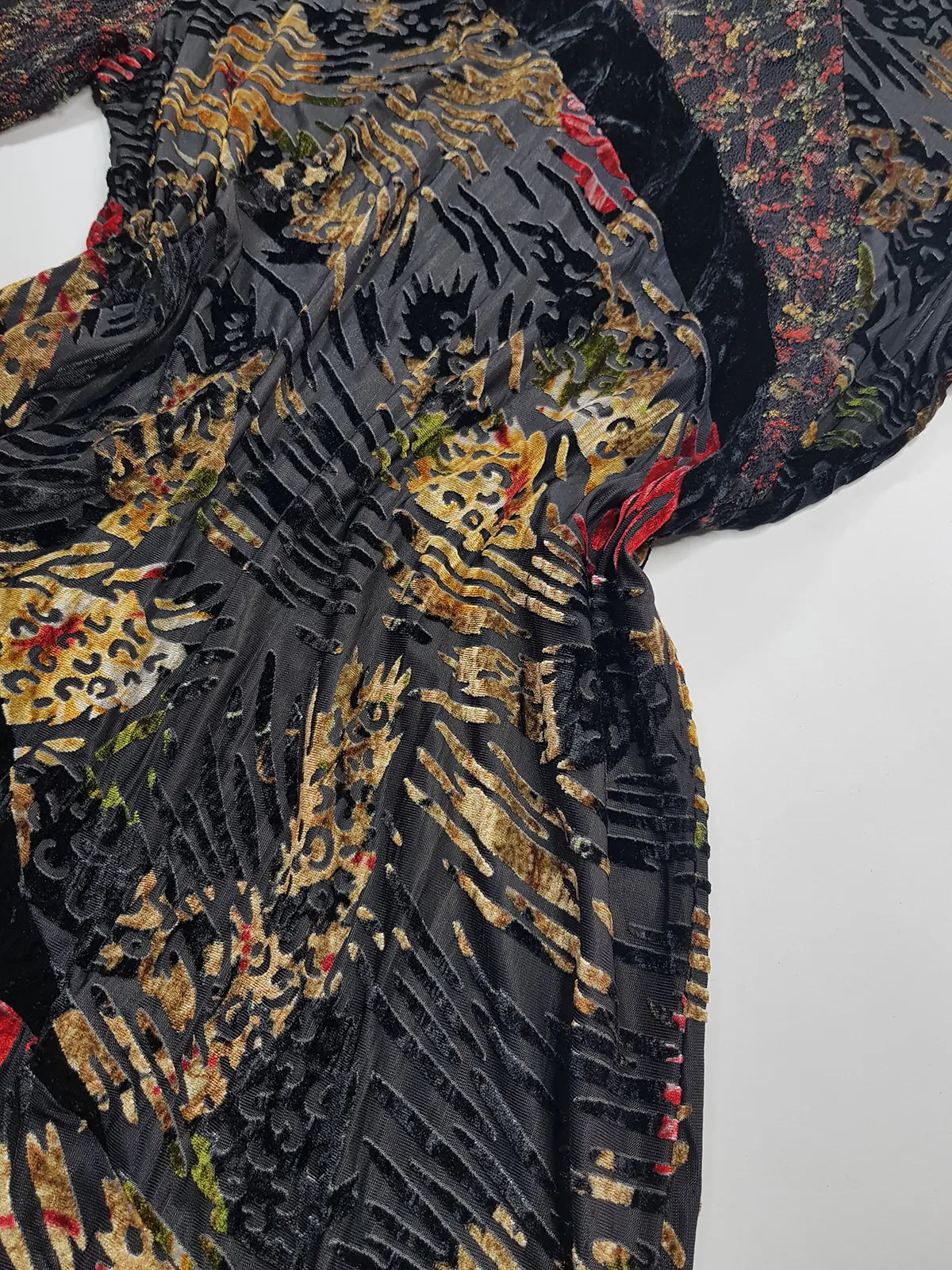 1990s Sexy Vintage Designer Bohemian Rockstar Style Burnout Flocked Velvet - Tiger Print with Red Accents - Asymmetrical Hemline Top with Knit Sleeves