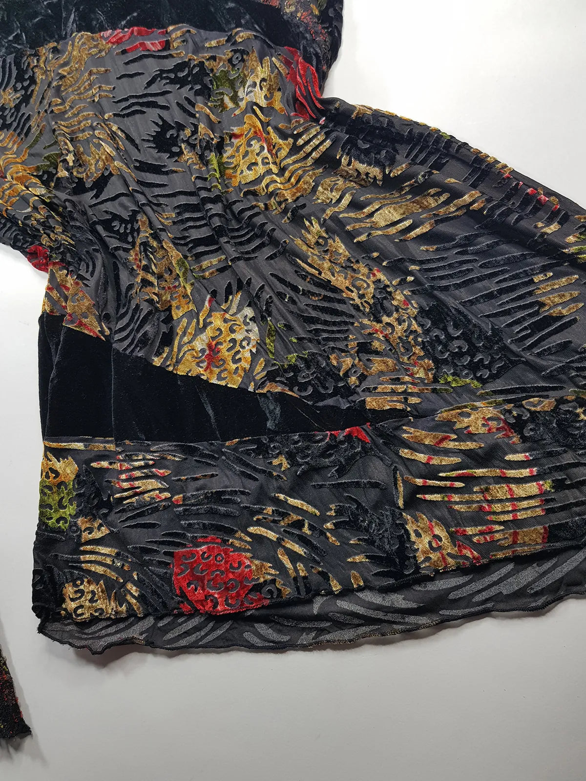 1990s Sexy Vintage Designer Bohemian Rockstar Style Burnout Flocked Velvet - Tiger Print with Red Accents - Asymmetrical Hemline Top with Knit Sleeves