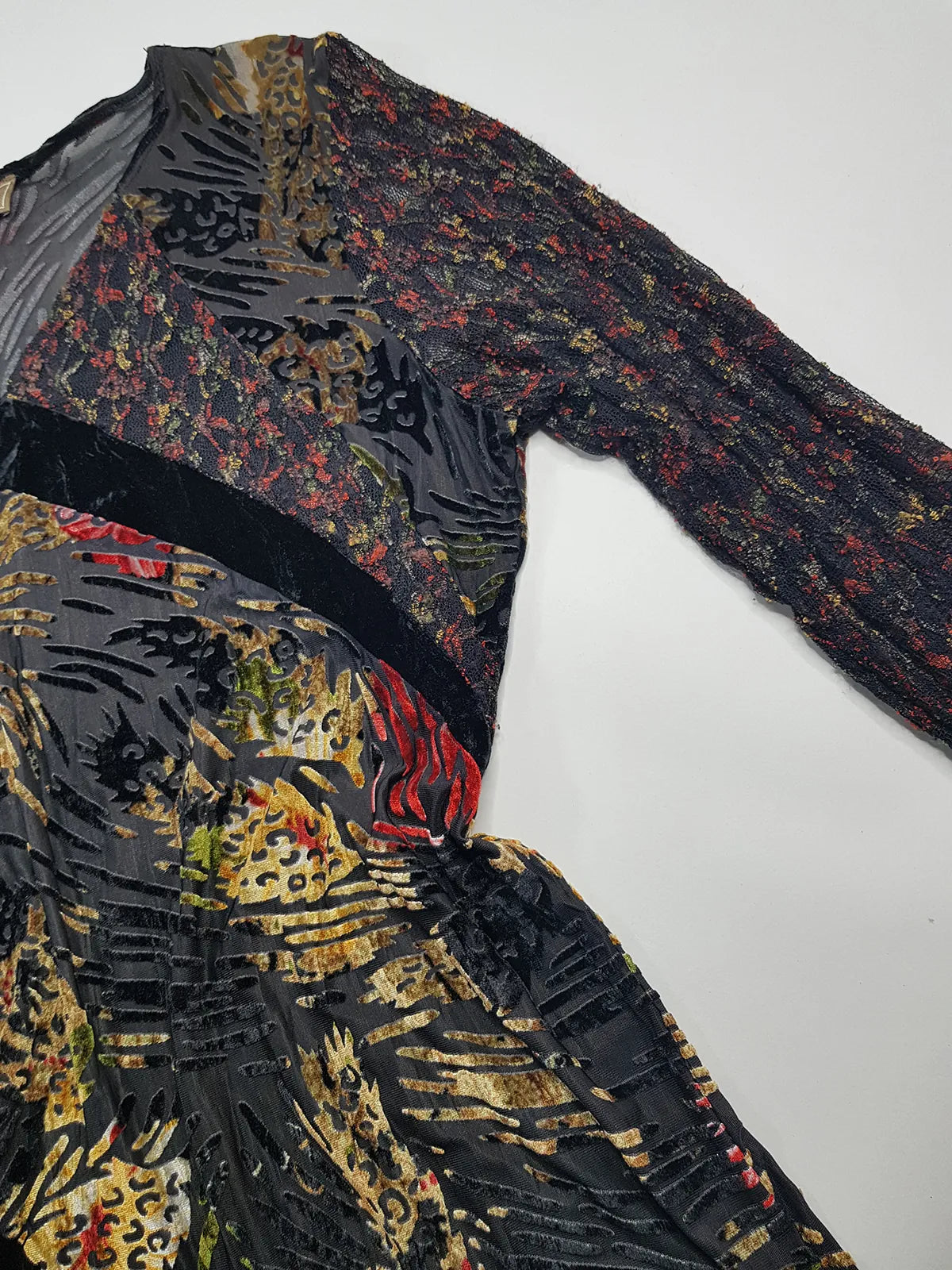 1990s Sexy Vintage Designer Bohemian Rockstar Style Burnout Flocked Velvet - Tiger Print with Red Accents - Asymmetrical Hemline Top with Knit Sleeves