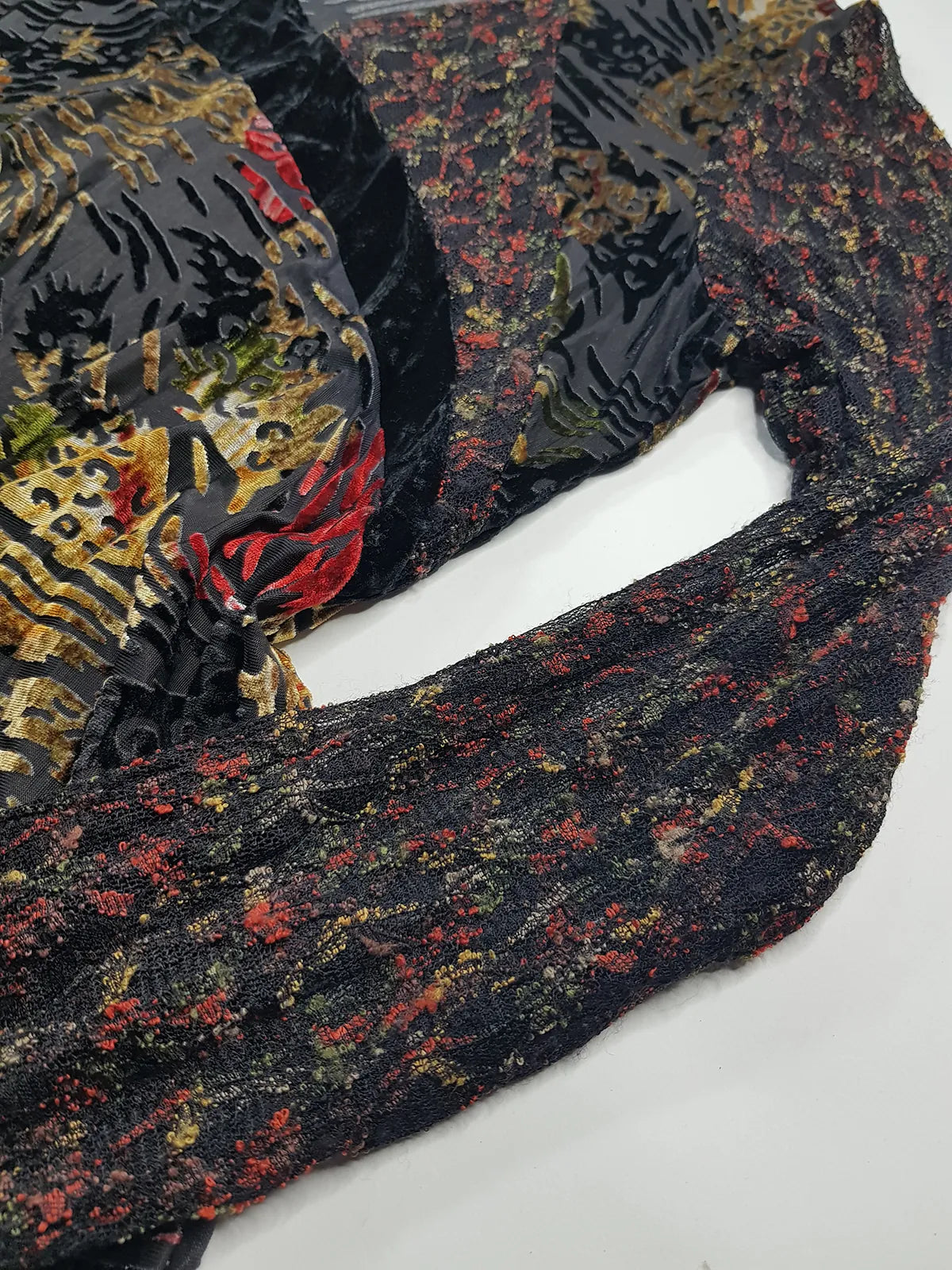 1990s Sexy Vintage Designer Bohemian Rockstar Style Burnout Flocked Velvet - Tiger Print with Red Accents - Asymmetrical Hemline Top with Knit Sleeves