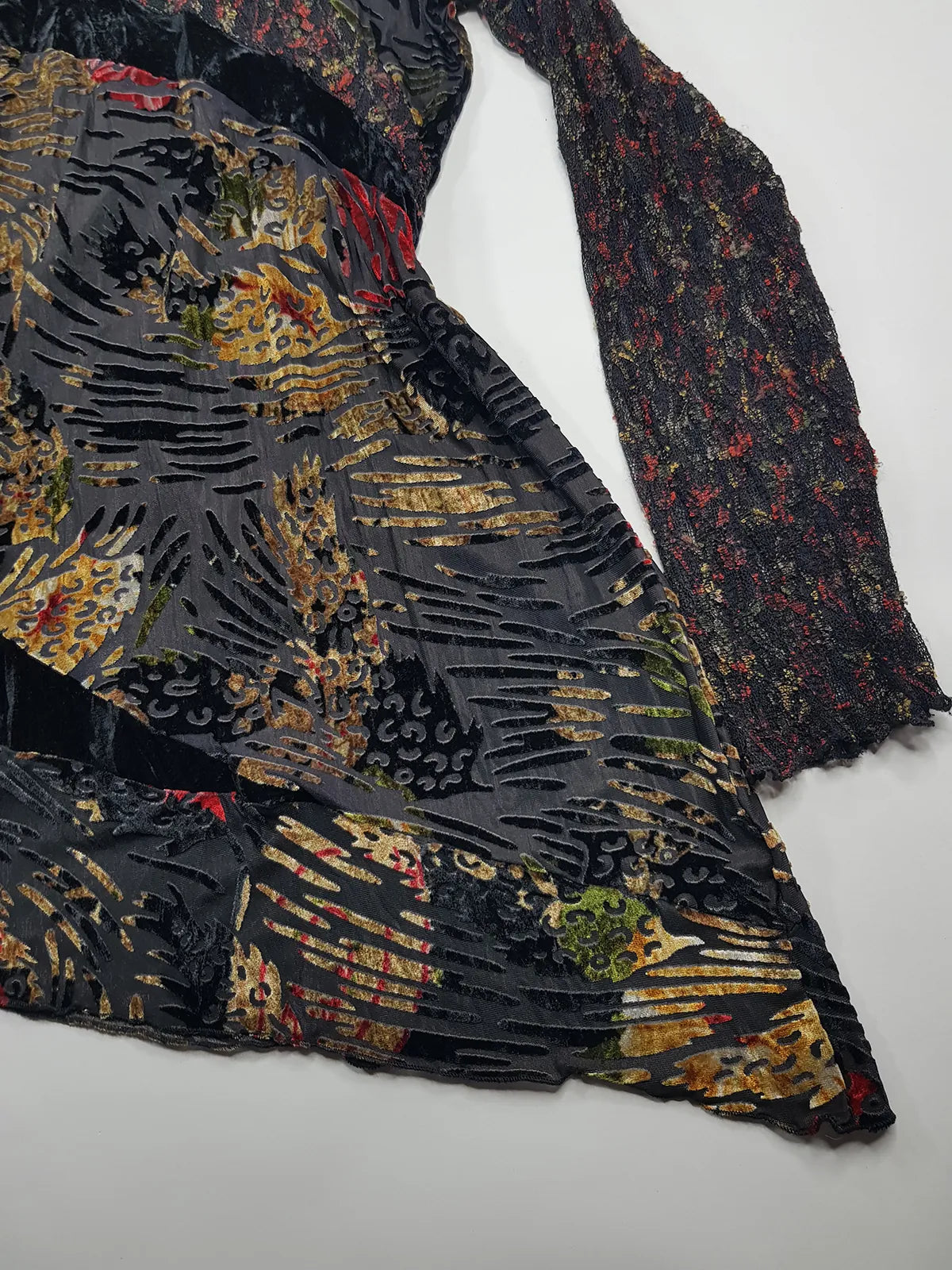 1990s Sexy Vintage Designer Bohemian Rockstar Style Burnout Flocked Velvet - Tiger Print with Red Accents - Asymmetrical Hemline Top with Knit Sleeves