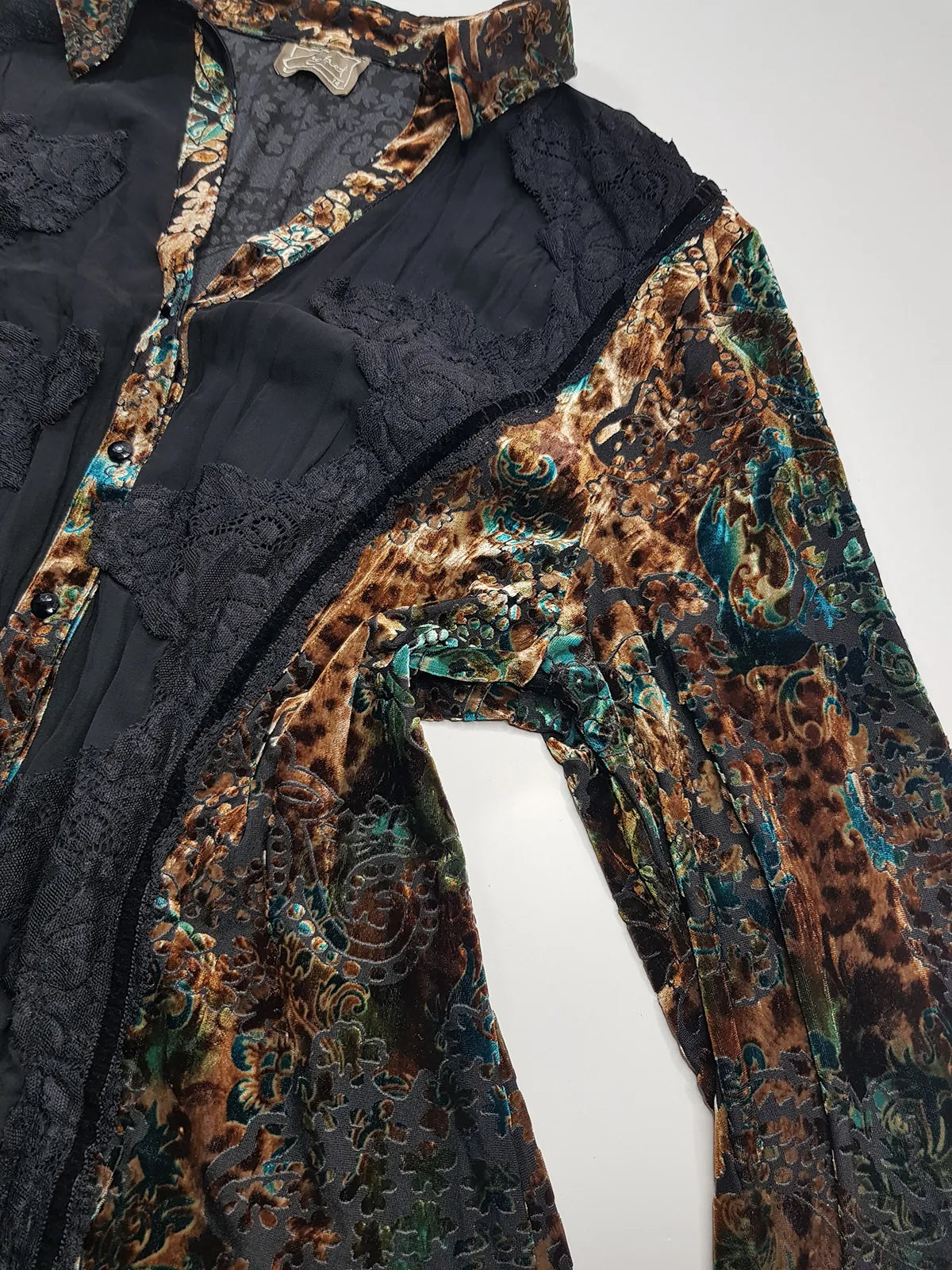 1990s Sexy Vintage Designer Bohemian Rockstar Style Burnt Velvet & Lace Button up Top