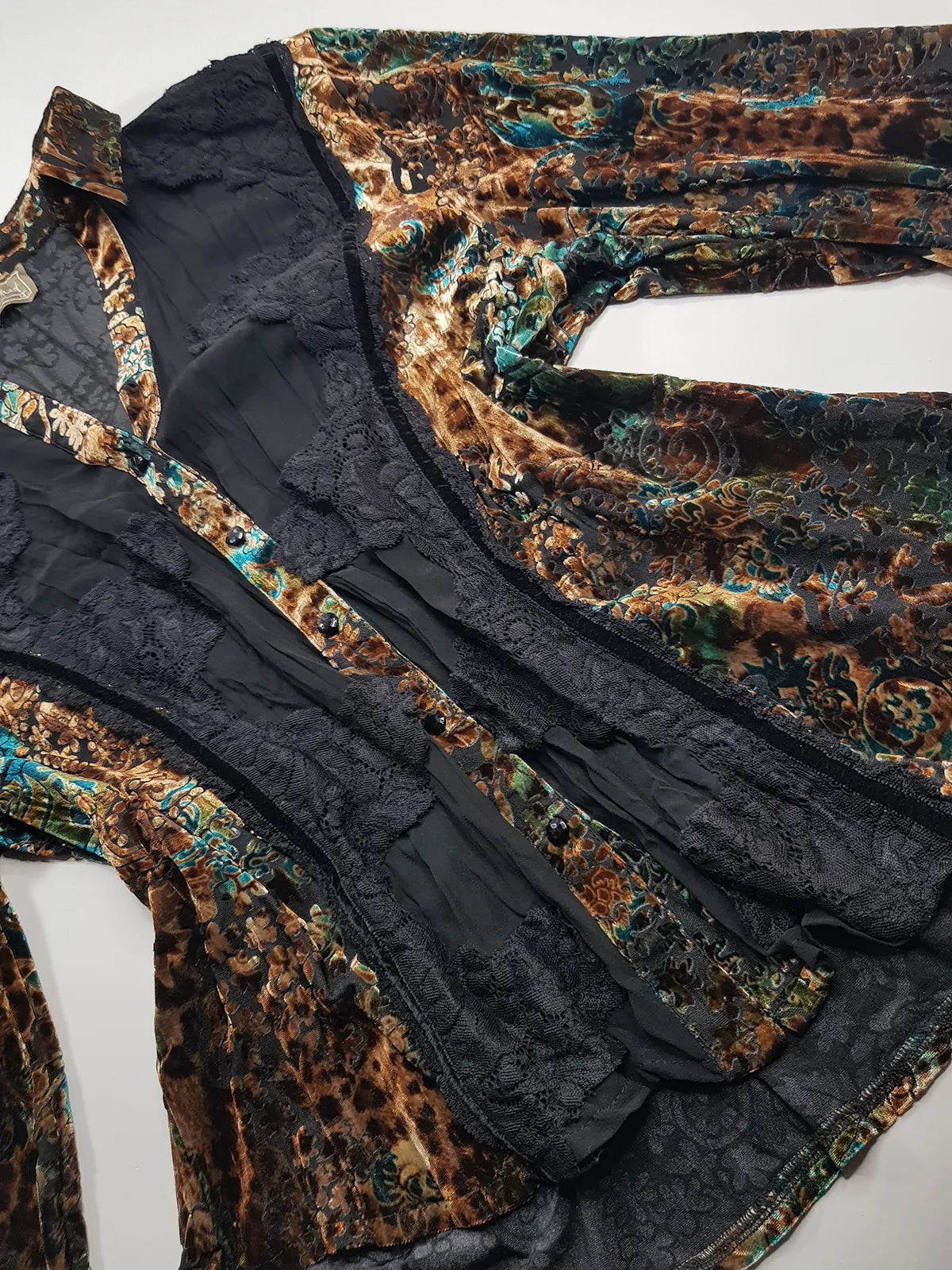 1990s Sexy Vintage Designer Bohemian Rockstar Style Burnt Velvet & Lace Button up Top