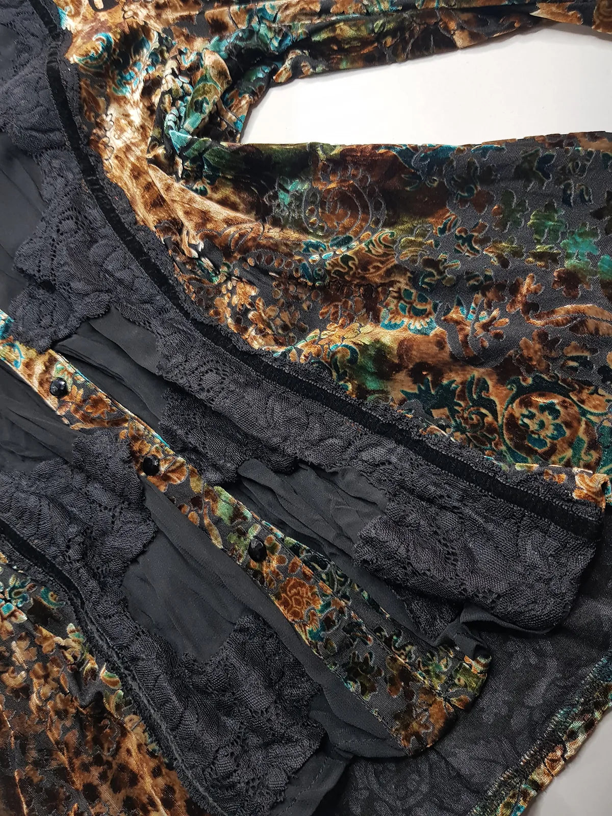 1990s Sexy Vintage Designer Bohemian Rockstar Style Burnt Velvet & Lace Button up Top