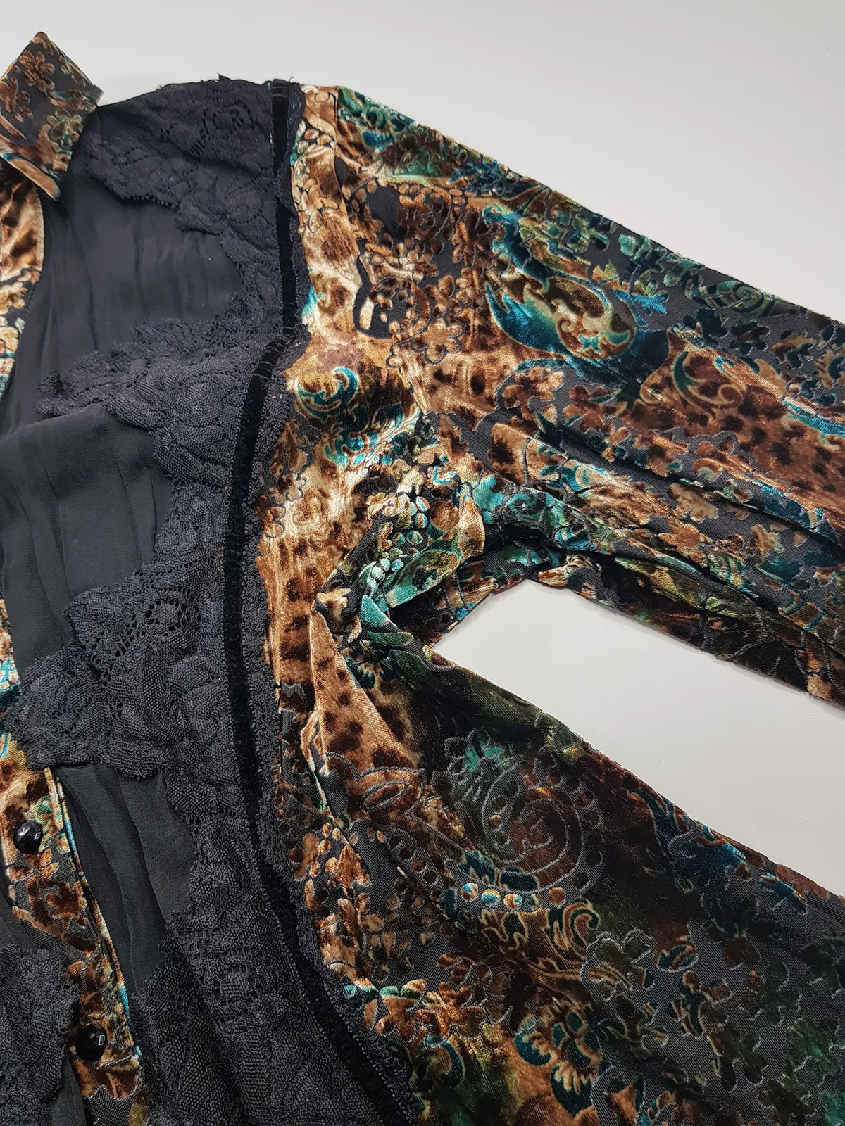 1990s Sexy Vintage Designer Bohemian Rockstar Style Burnt Velvet & Lace Button up Top