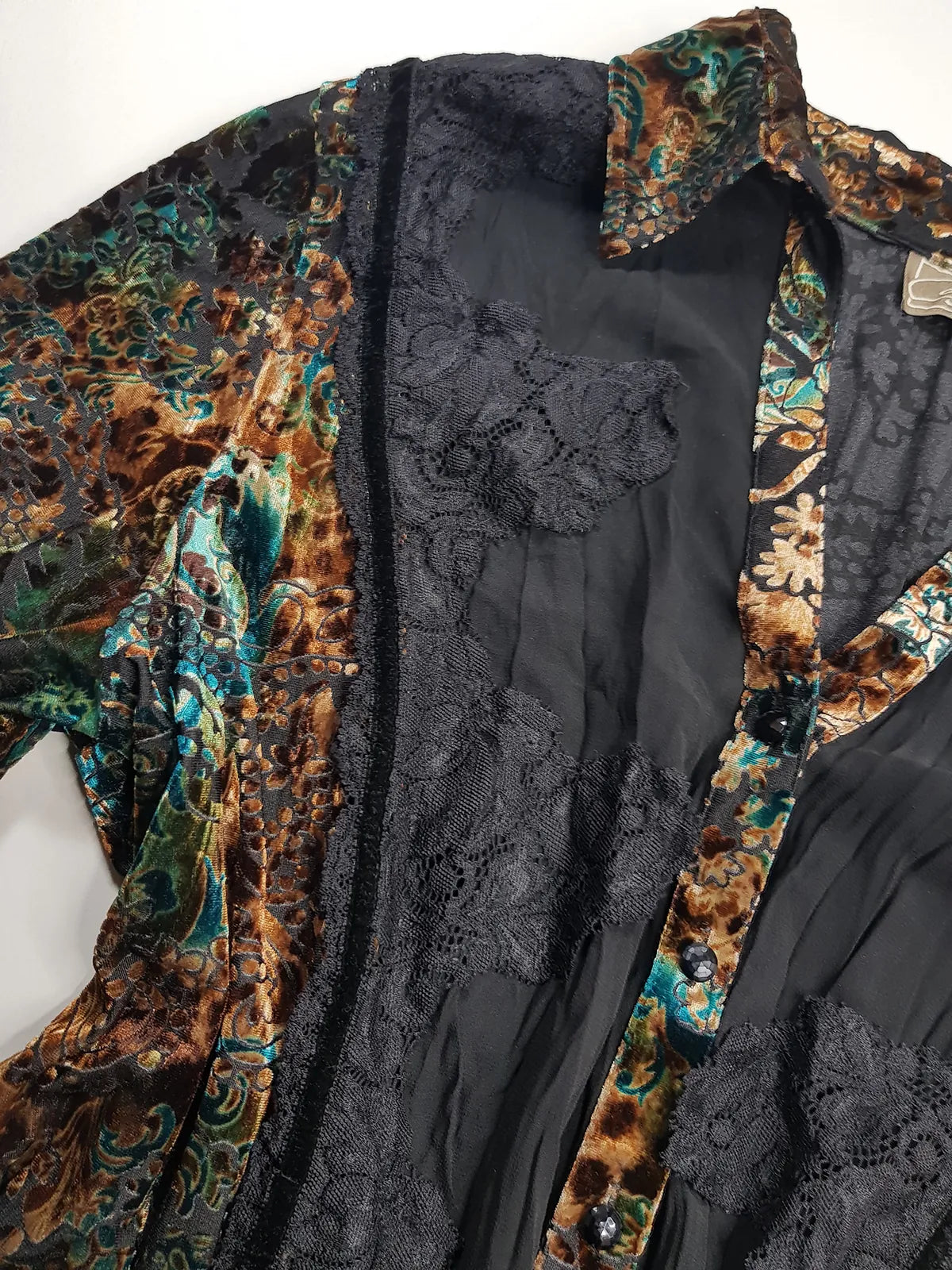 1990s Sexy Vintage Designer Bohemian Rockstar Style Burnt Velvet & Lace Button up Top